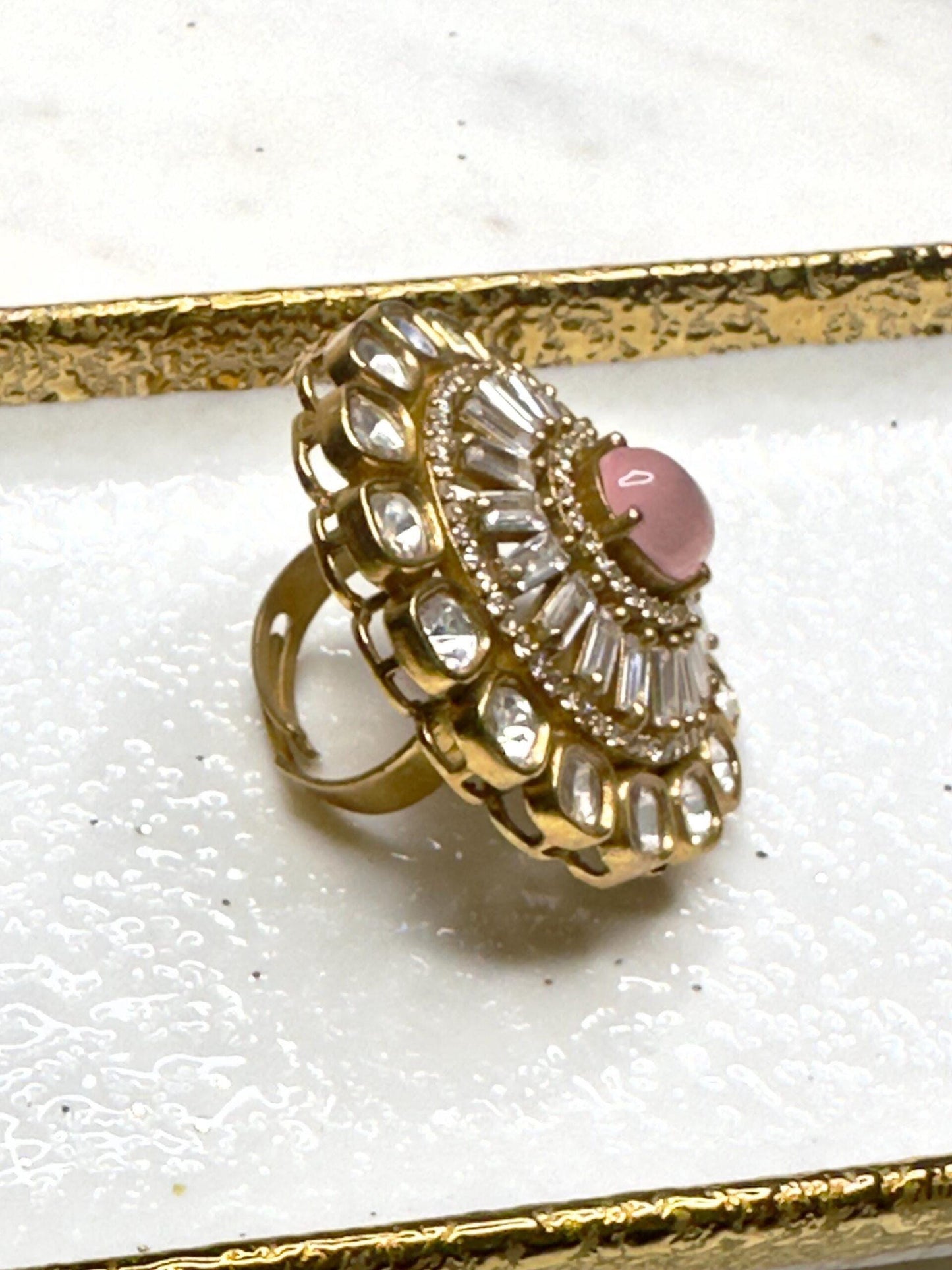 Maha Rani Gold plated antique finish kundan bold ring