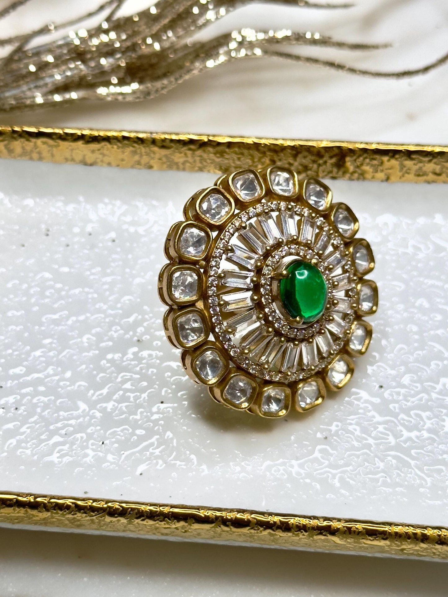 Maha Rani Gold plated antique finish kundan bold ring