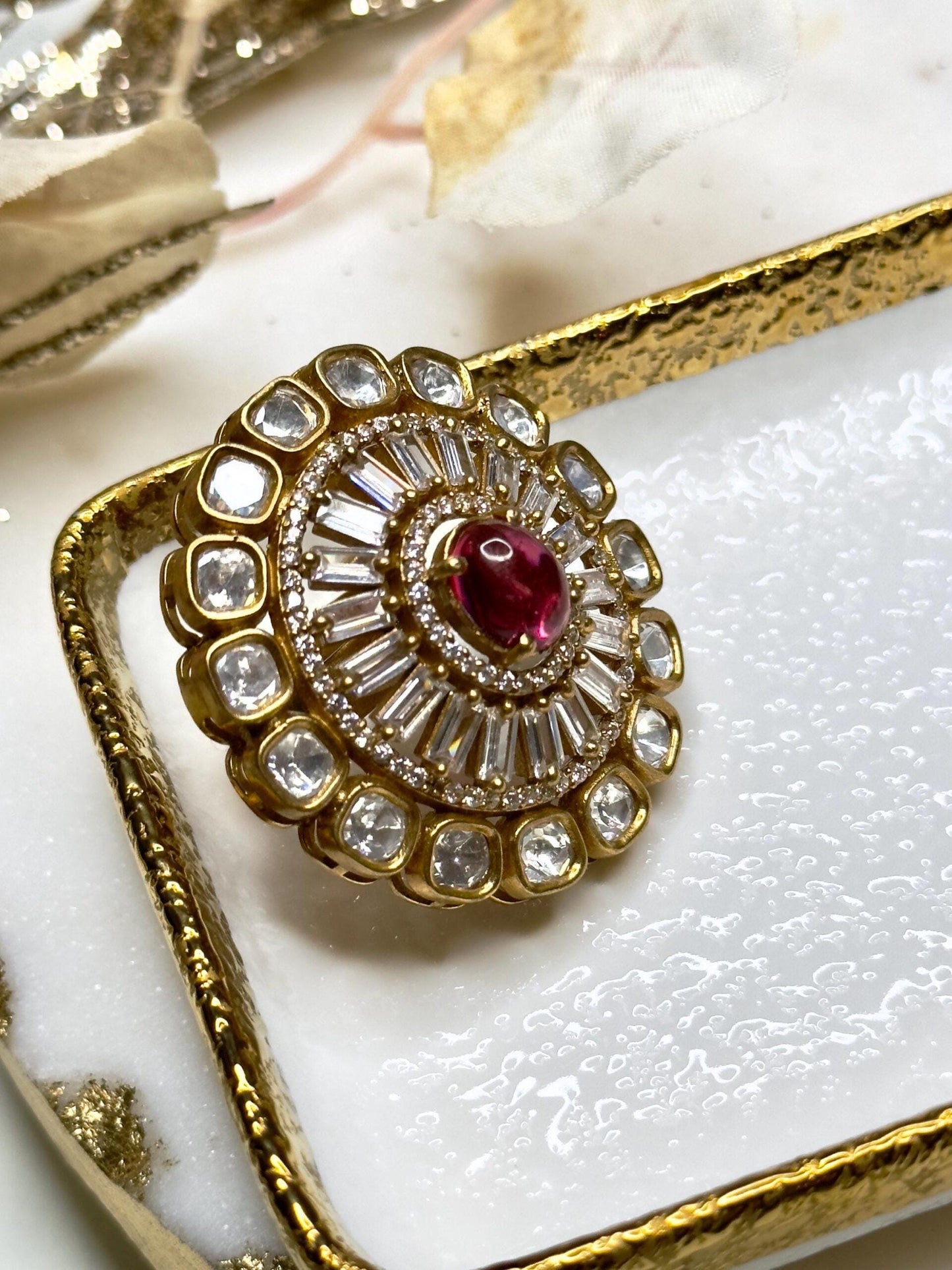 Maha Rani Gold plated antique finish kundan bold ring