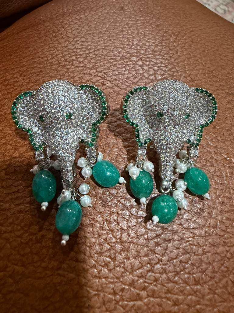 Elephant CZ Pearl Drop Earrings | Green or Pink Statement Animal Earrings | Bridal & Festive Jewelry
