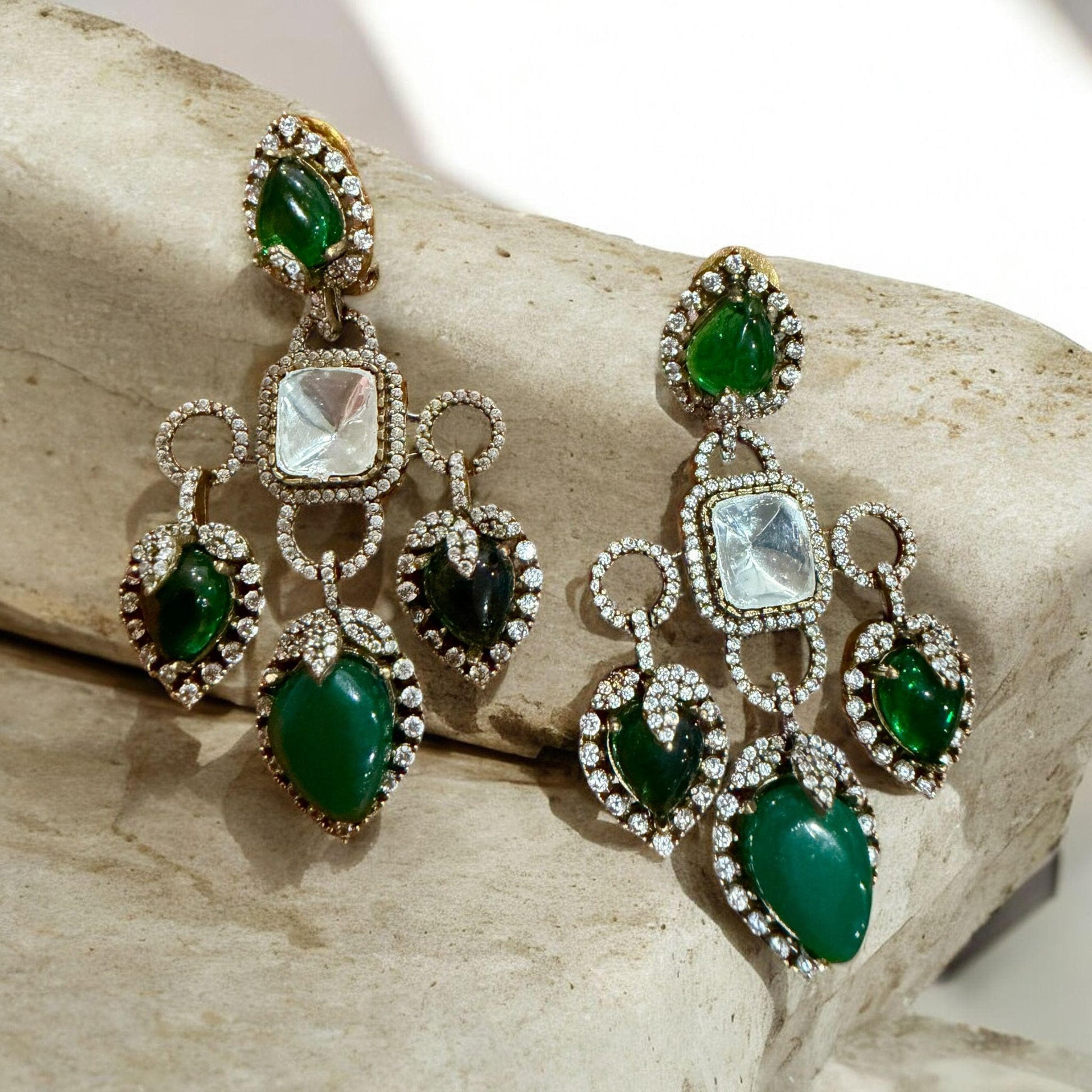 Emerald Green Kundan Chandelier Earrings | Gold CZ Statement Bridal Earrings | Indian Wedding Jewelry