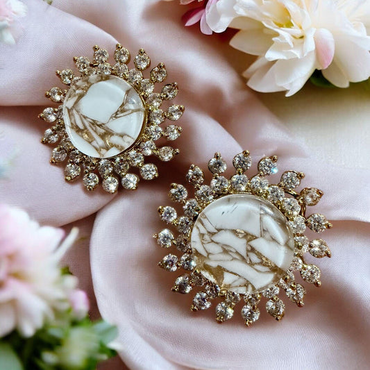 White Stone Sunburst Stud Earrings | Gold CZ Statement Studs | Bridal & Party Jewelry