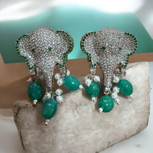 Elephant CZ Pearl Drop Earrings | Green or Pink Statement Animal Earrings | Bridal & Festive Jewelry