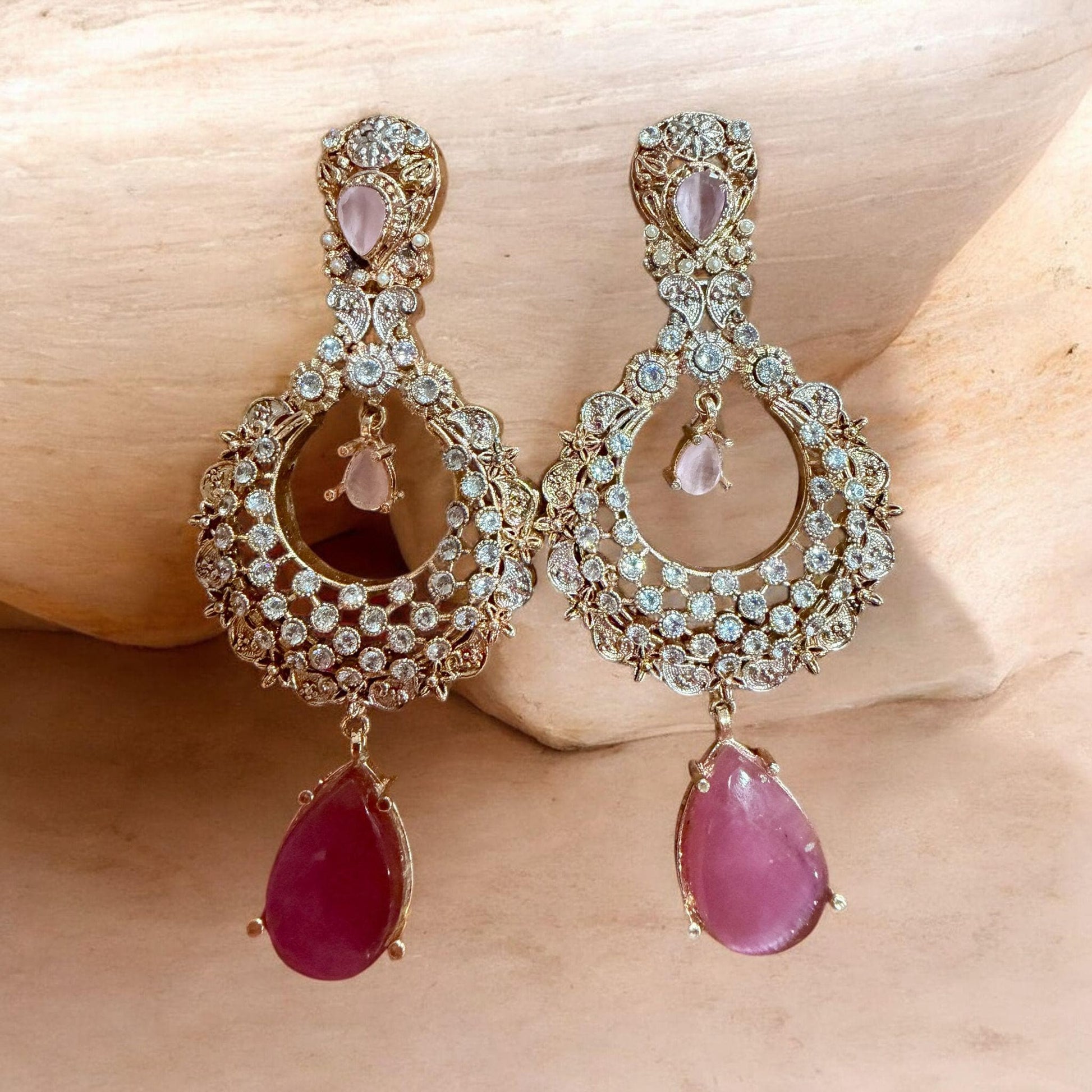 Rose Gold Pink Drop Chandelier Earrings | CZ Bridal Statement Earrings | Wedding & Party Jewelry