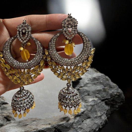 Oxidized Silver Jhumka Earrings | Yellow Bead Chandbali, Indian Jewelry