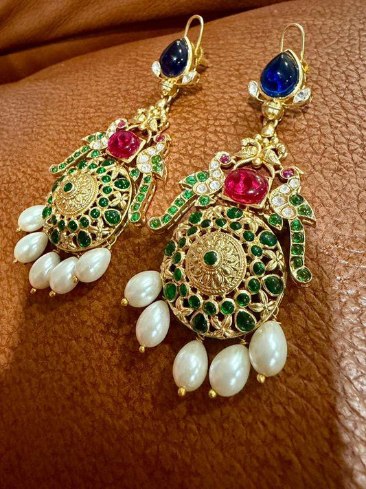 Gold Tone Kundan Pearl Drop Earrings | Multicolor Bridal Statement Earrings | Traditional Indian Wedding Jewelry