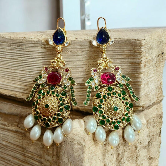 Gold Tone Kundan Pearl Drop Earrings | Multicolor Bridal Statement Earrings | Traditional Indian Wedding Jewelry