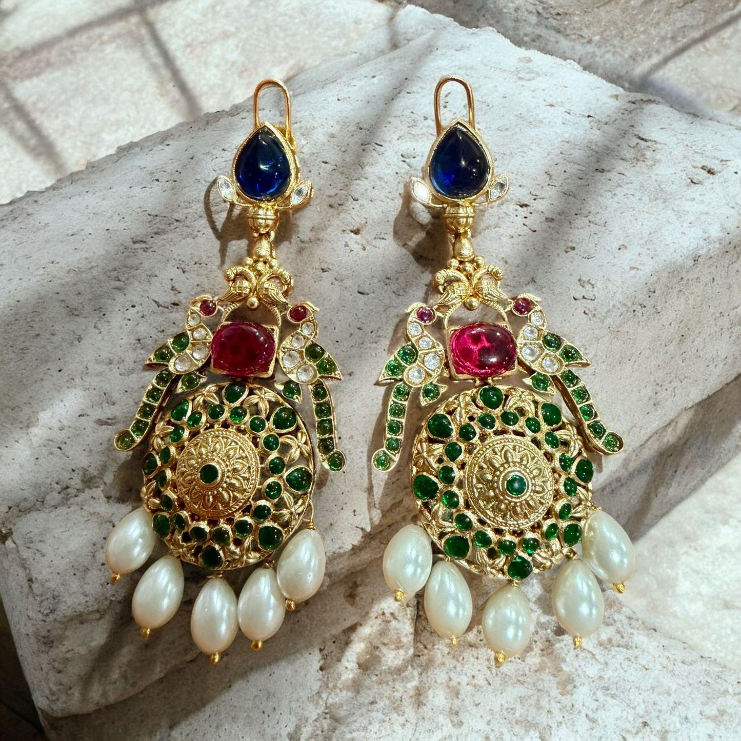 Gold Tone Kundan Pearl Drop Earrings | Multicolor Bridal Statement Earrings | Traditional Indian Wedding Jewelry