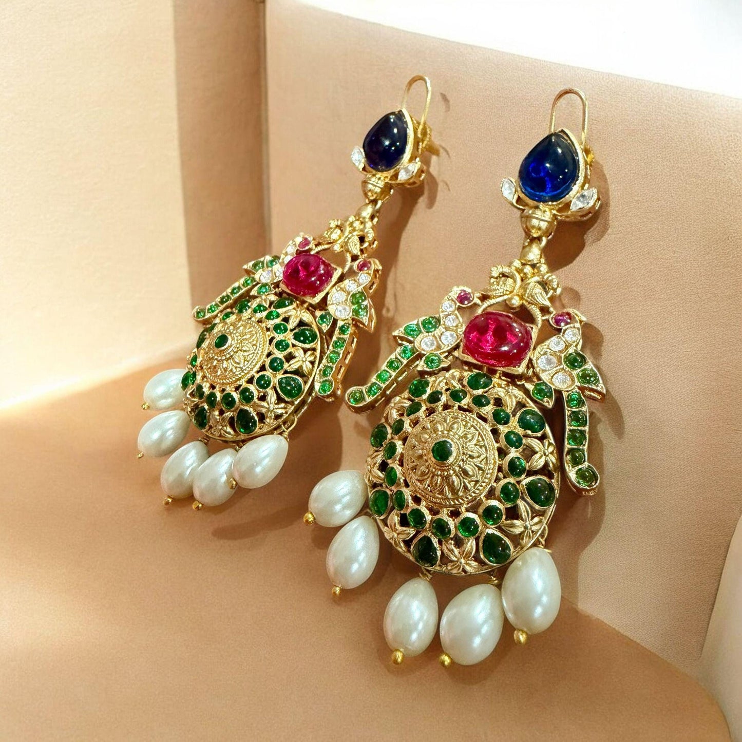 Gold Tone Kundan Pearl Drop Earrings | Multicolor Bridal Statement Earrings | Traditional Indian Wedding Jewelry