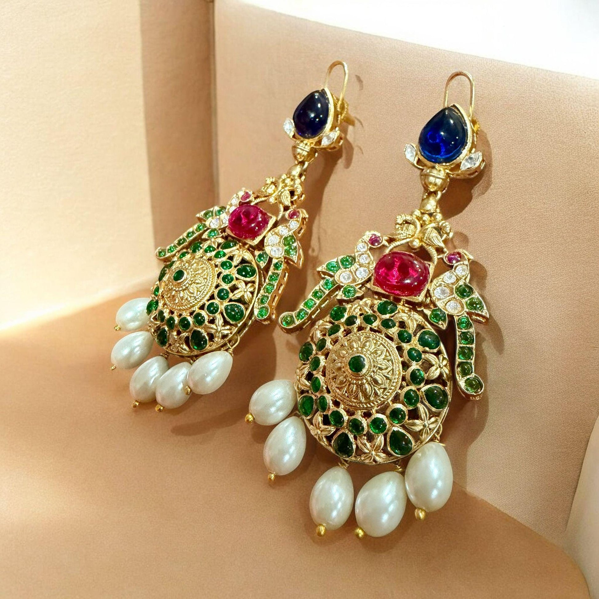 Gold Tone Kundan Pearl Drop Earrings | Multicolor Bridal Statement Earrings | Traditional Indian Wedding Jewelry