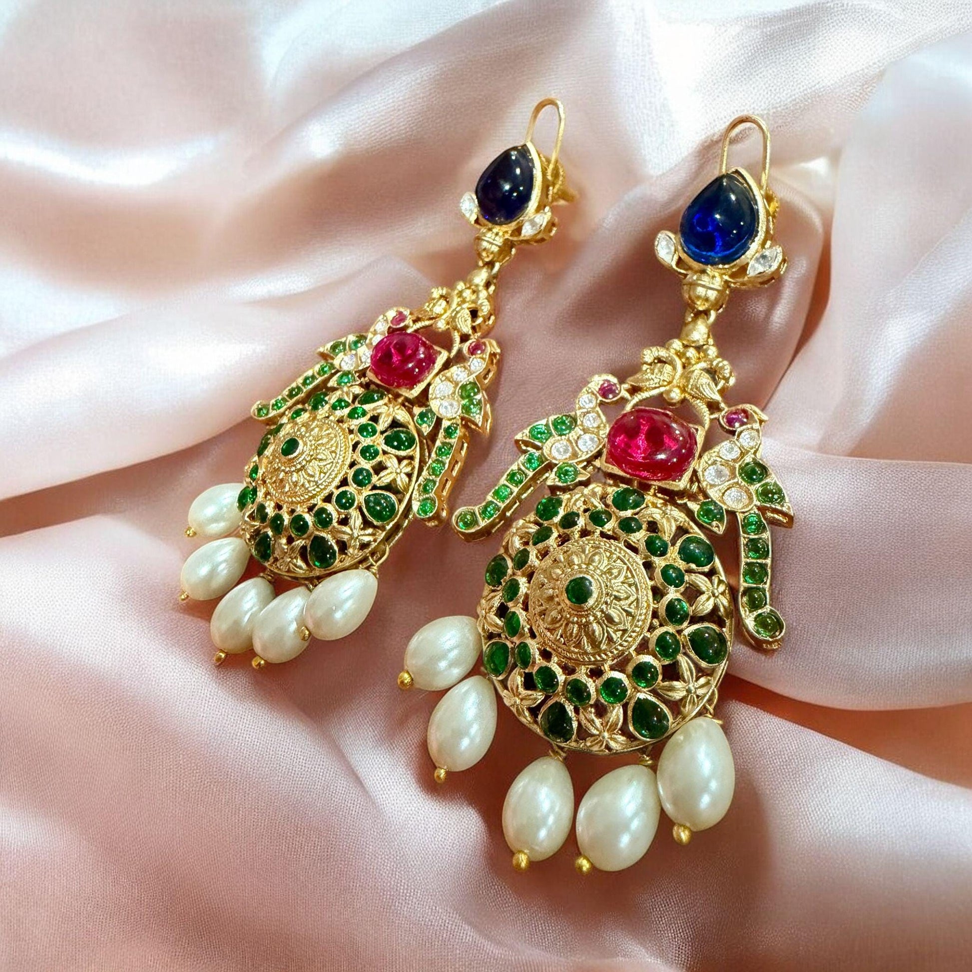 Gold Tone Kundan Pearl Drop Earrings | Multicolor Bridal Statement Earrings | Traditional Indian Wedding Jewelry