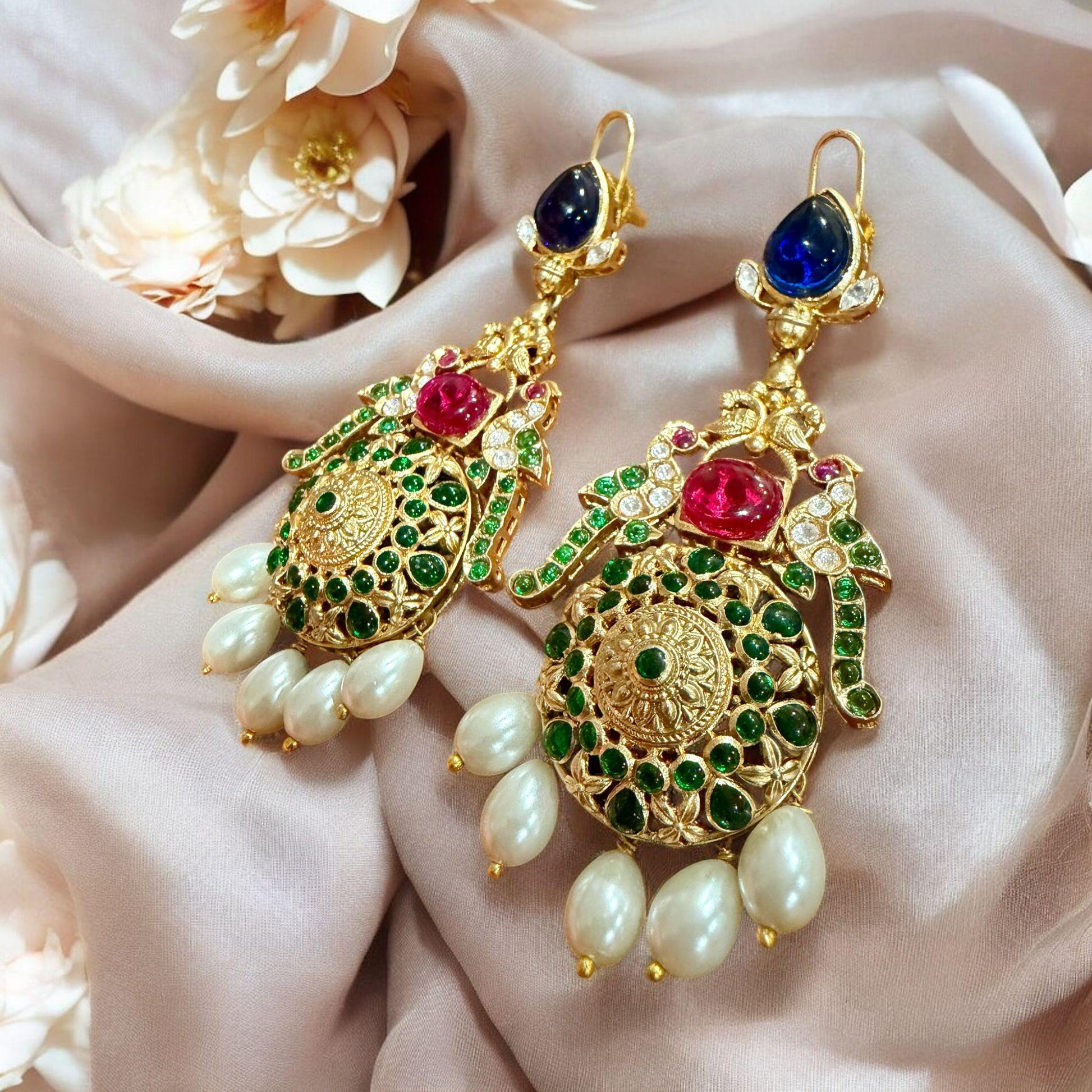Gold Tone Kundan Pearl Drop Earrings | Multicolor Bridal Statement Earrings | Traditional Indian Wedding Jewelry