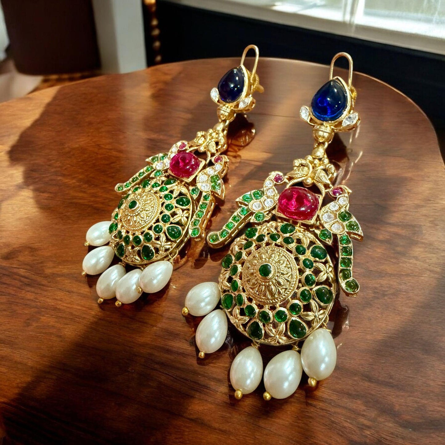Gold Tone Kundan Pearl Drop Earrings | Multicolor Bridal Statement Earrings | Traditional Indian Wedding Jewelry
