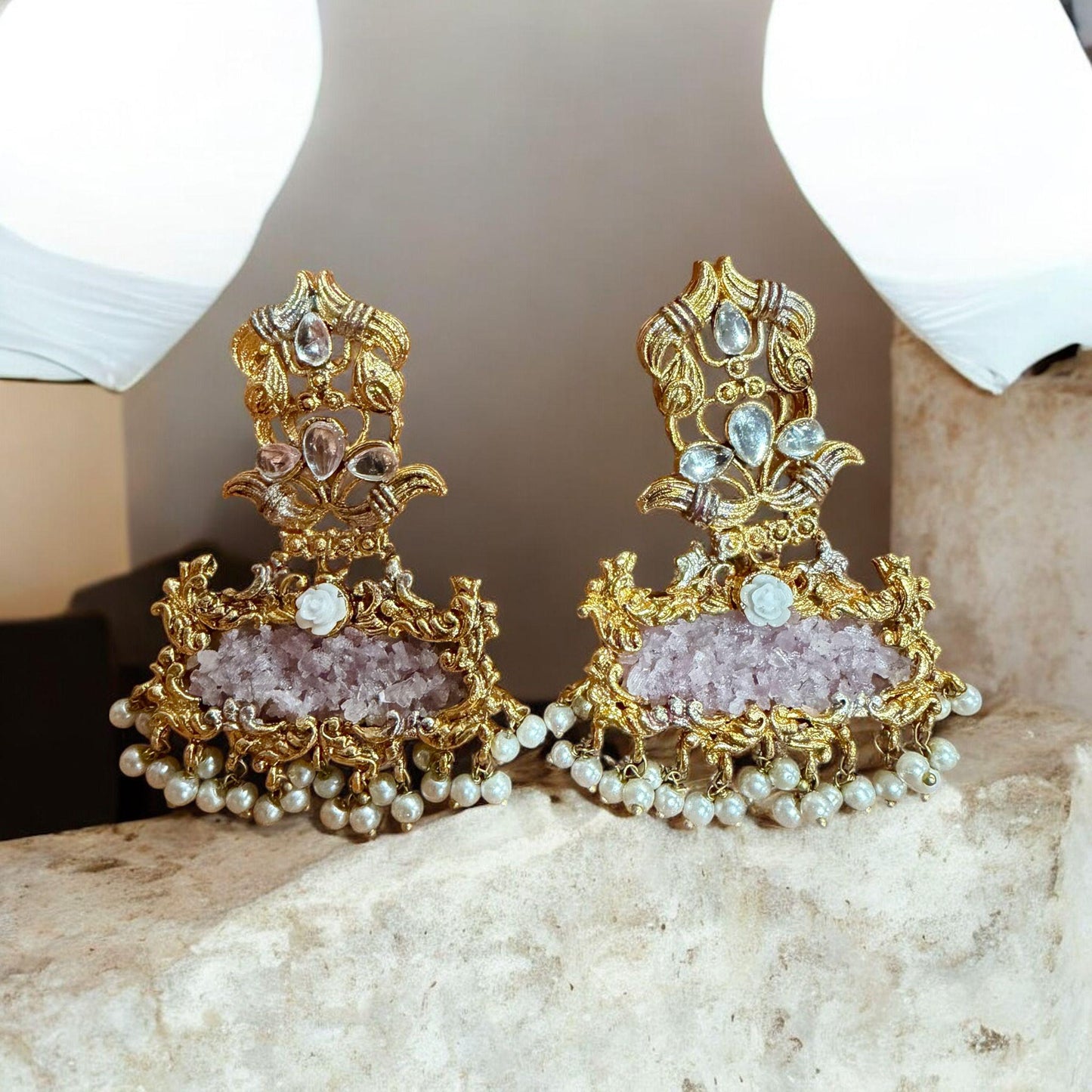 Gold Tone Kundan Pearl Jhumka Earrings | Bridal Statement Earrings | Traditional Indian Wedding Jewelry