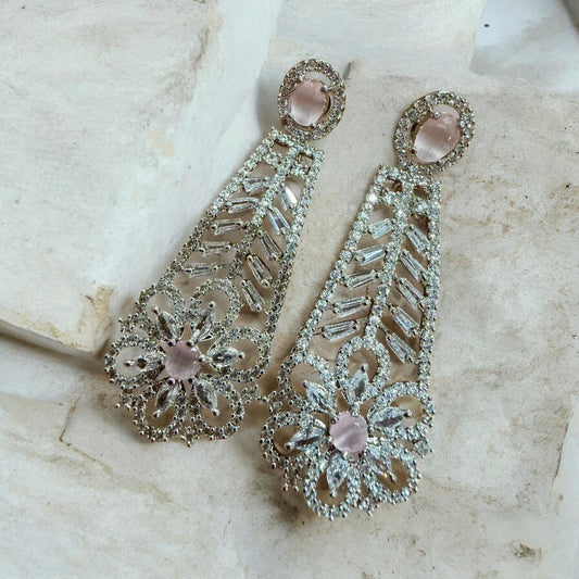 Silver Tone Crystal Chandelier Earrings | Long Bridal Statement Earrings | Vintage Floral Evening Jewelry