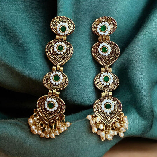 Gold Tone Green Kundan Long Earrings | Pearl Drop Indian Earrings | Traditional Bridal Ethnic Jewelry