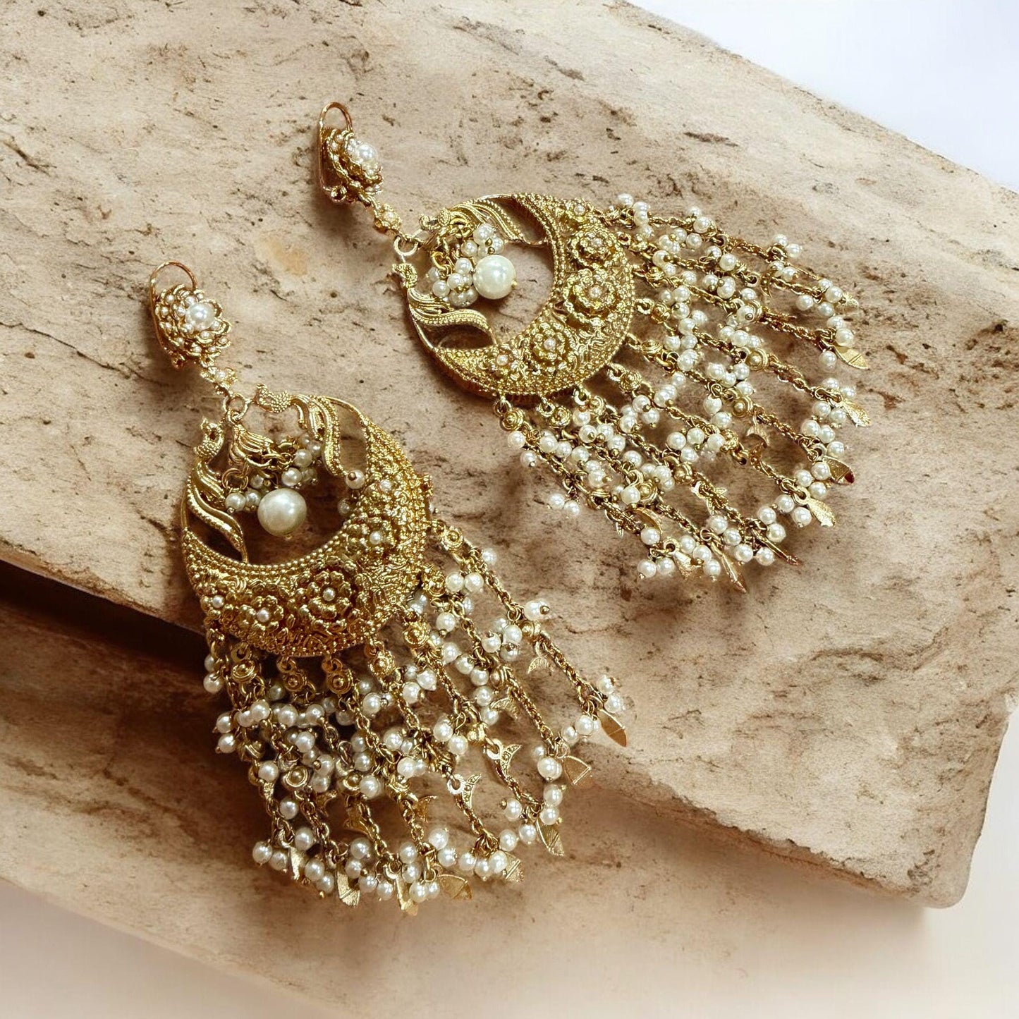 Royal Pearl Crescent Chandelier Earrings | Long Indian Jhumka Earrings | Bridal Traditional Jewelry women gift