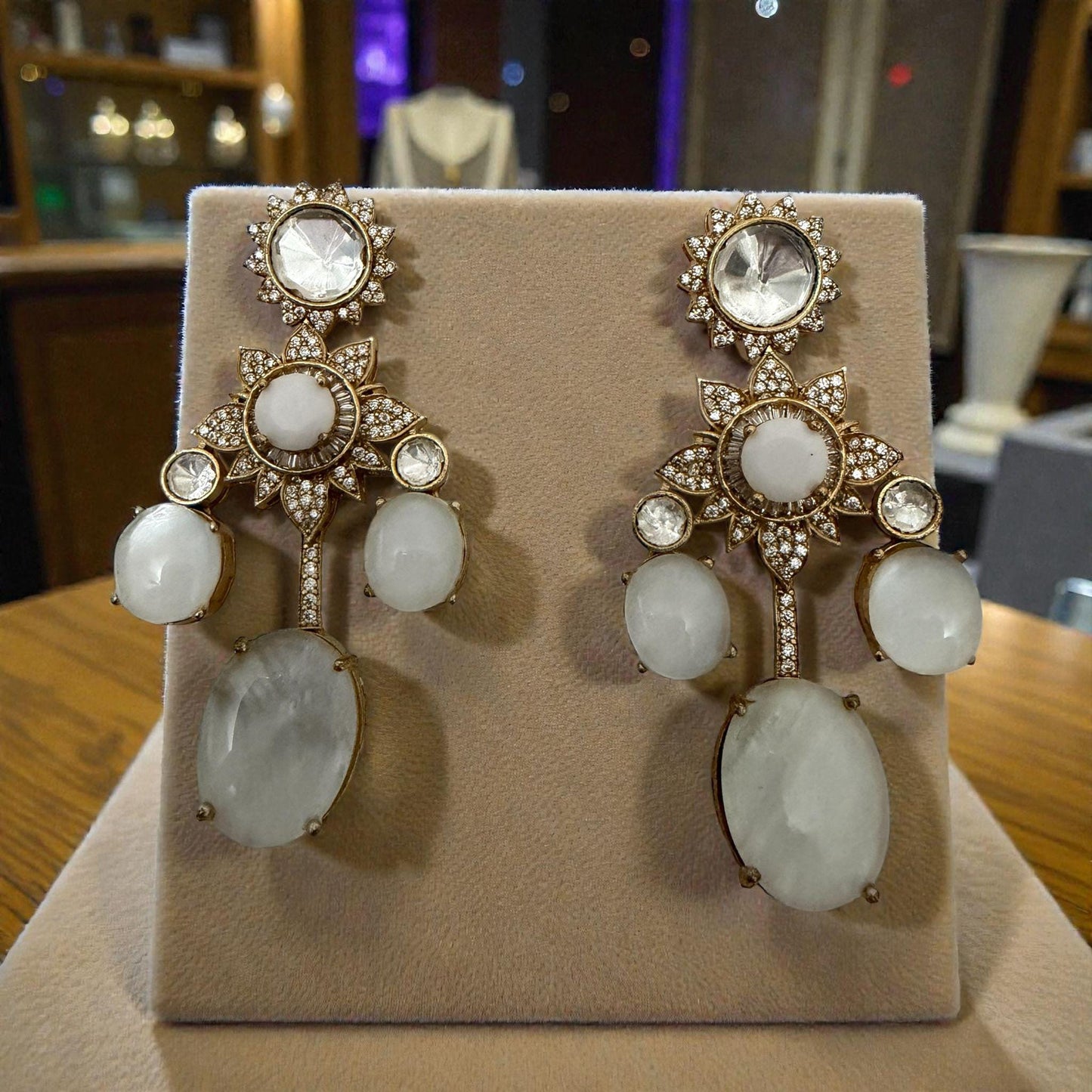 White Statement Drop Earrings | Gold Tone Vintage Style Earrings | Bridal & Party Designer Jewelry