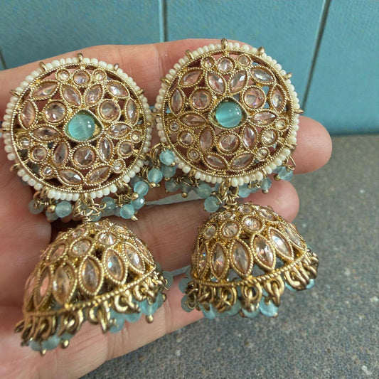 Gold Tone Jhumka Earrings | Pearl Beaded Statement Earrings | Bridal and Festive Indian Jewelry