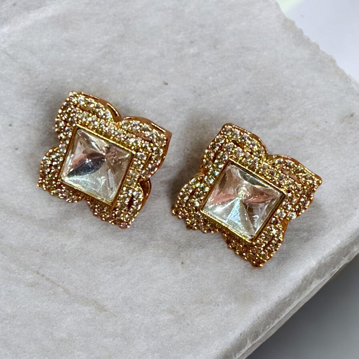 Vintage Square Kundan Stud Earrings | Crystal Statement Studs |  Indian Minimal Jewelry