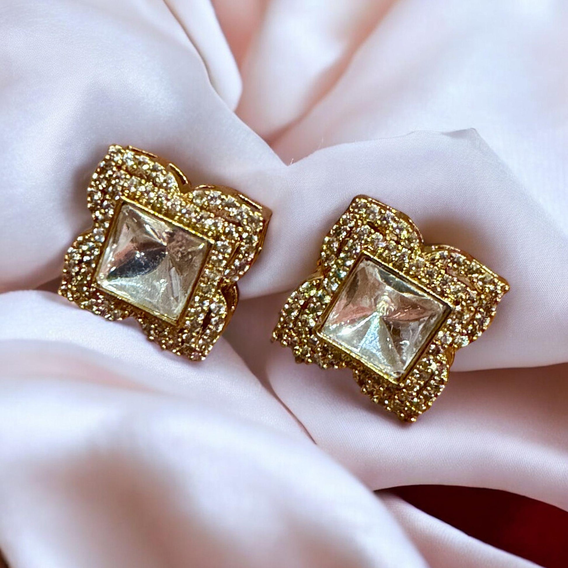 Vintage Square Kundan Stud Earrings | Crystal Statement Studs | Indian Minimal Jewelry