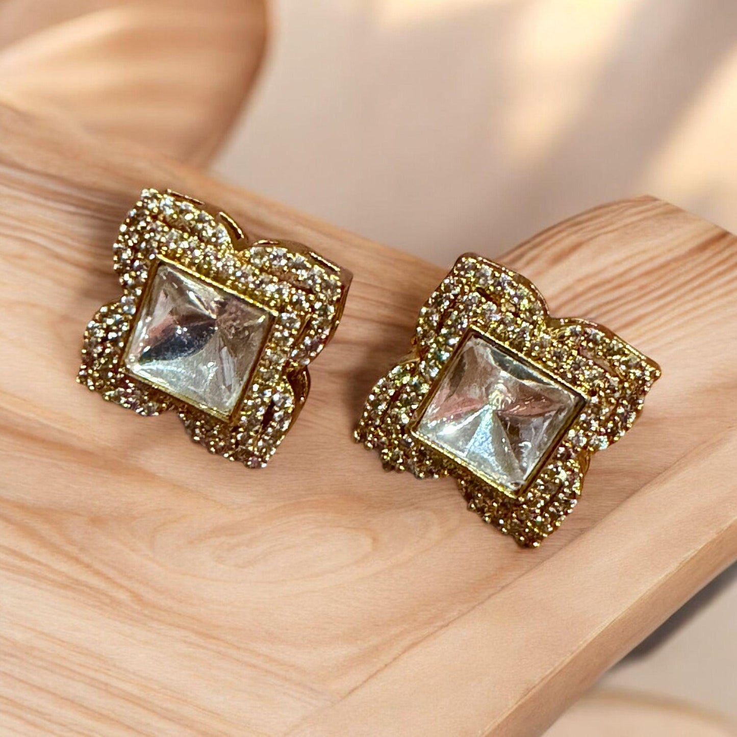 Vintage Square Kundan Stud Earrings | Crystal Statement Studs | Indian Minimal Jewelry