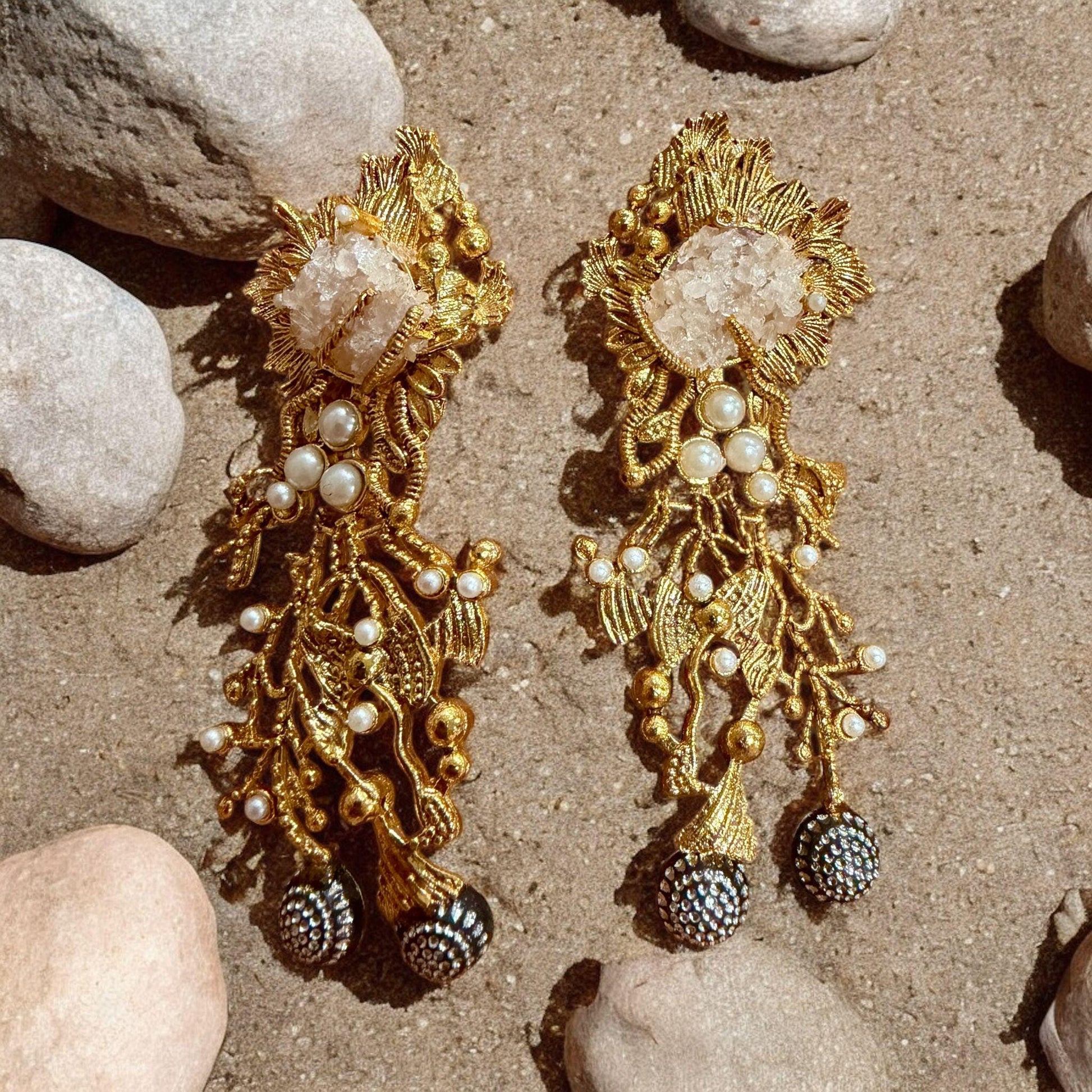 Floral Druzy Statement Earrings | Pearl Cascade Designer Earrings | Handmade Jewelry