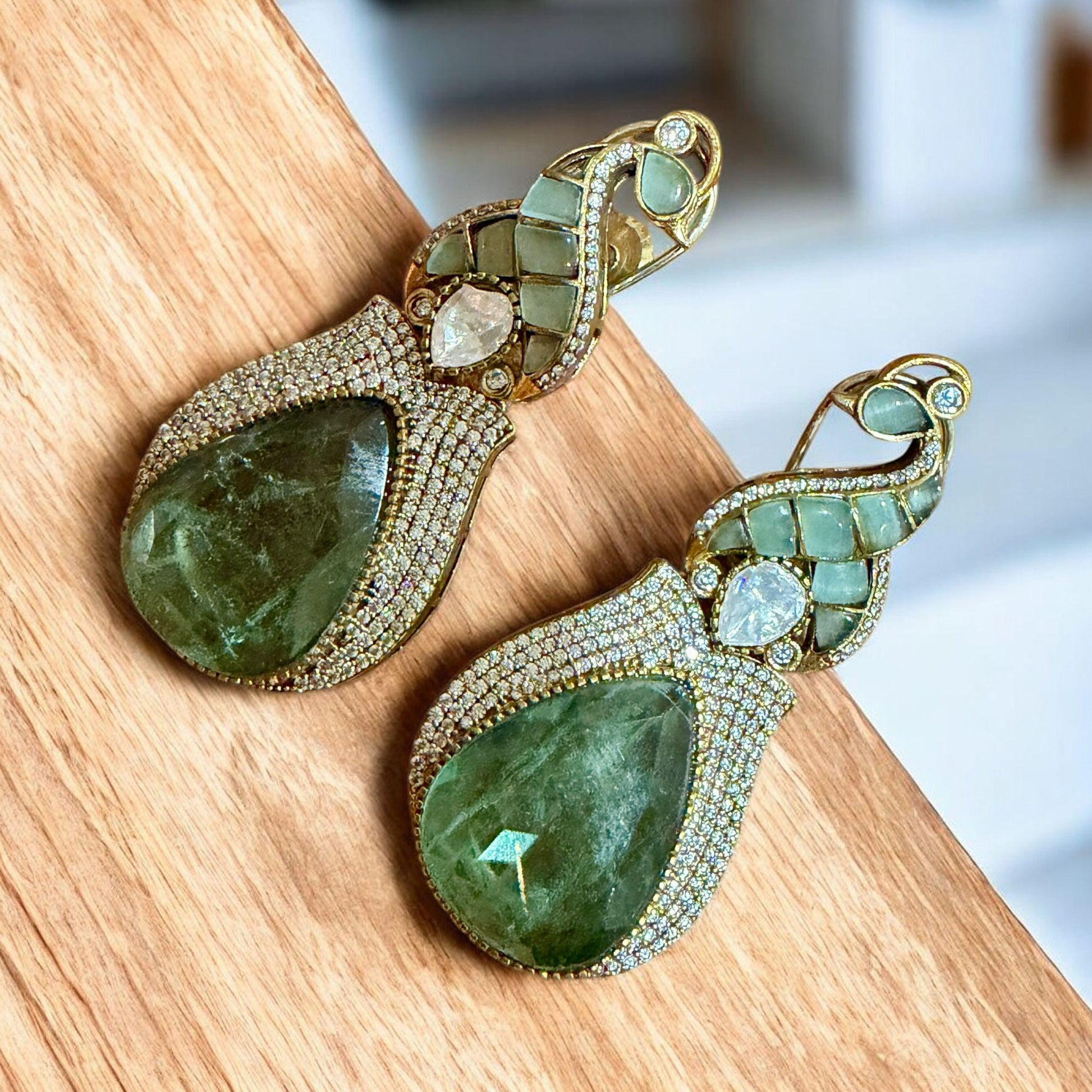 Light Green Teardrop Earrings | Mughal-Inspired Stonework Drops | Luxe Evening Statement Jewelry