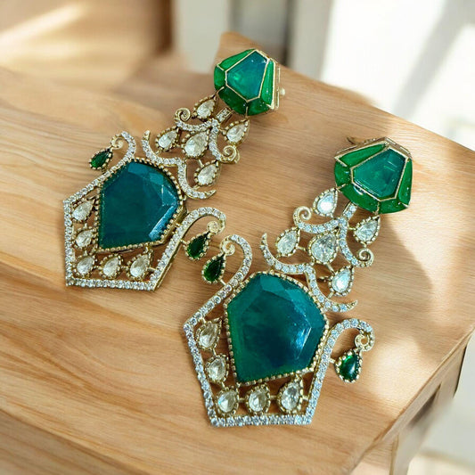 Hexagon Emerald Drop Earrings | Sculpted Green Stone Statement | Bridal & Festive Luxury Jewelry
