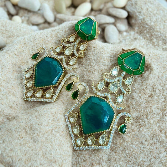 Hexagon Emerald Drop Earrings | Sculpted Green Stone Statement | Bridal & Festive Luxury Jewelry
