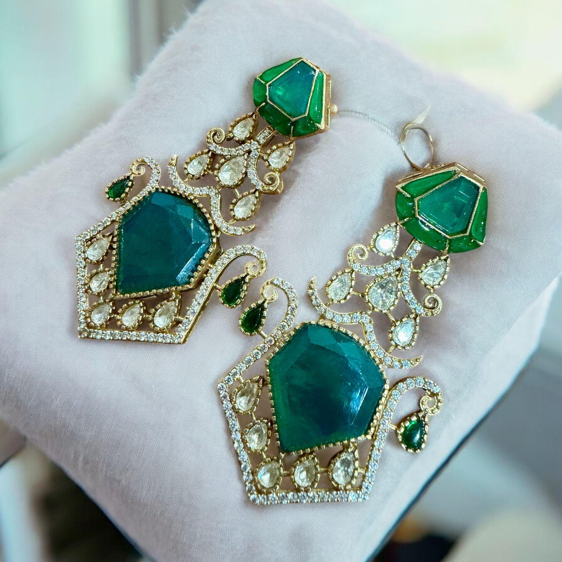 Hexagon Emerald Drop Earrings | Sculpted Green Stone Statement | Bridal & Festive Luxury Jewelry