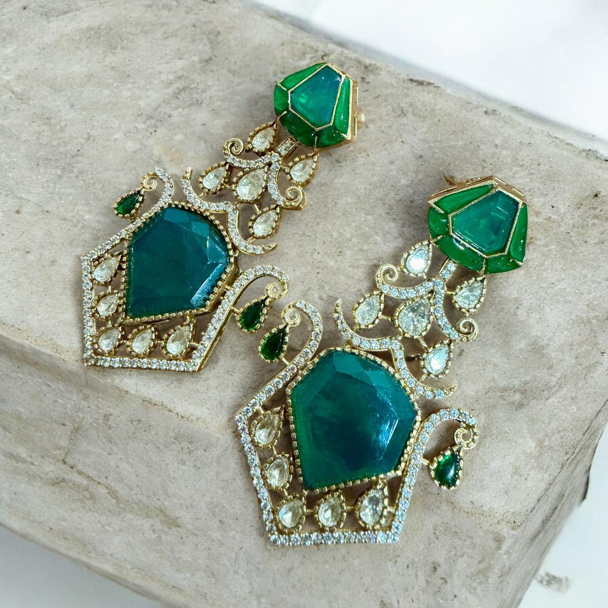 Hexagon Emerald Drop Earrings | Sculpted Green Stone Statement | Bridal & Festive Luxury Jewelry