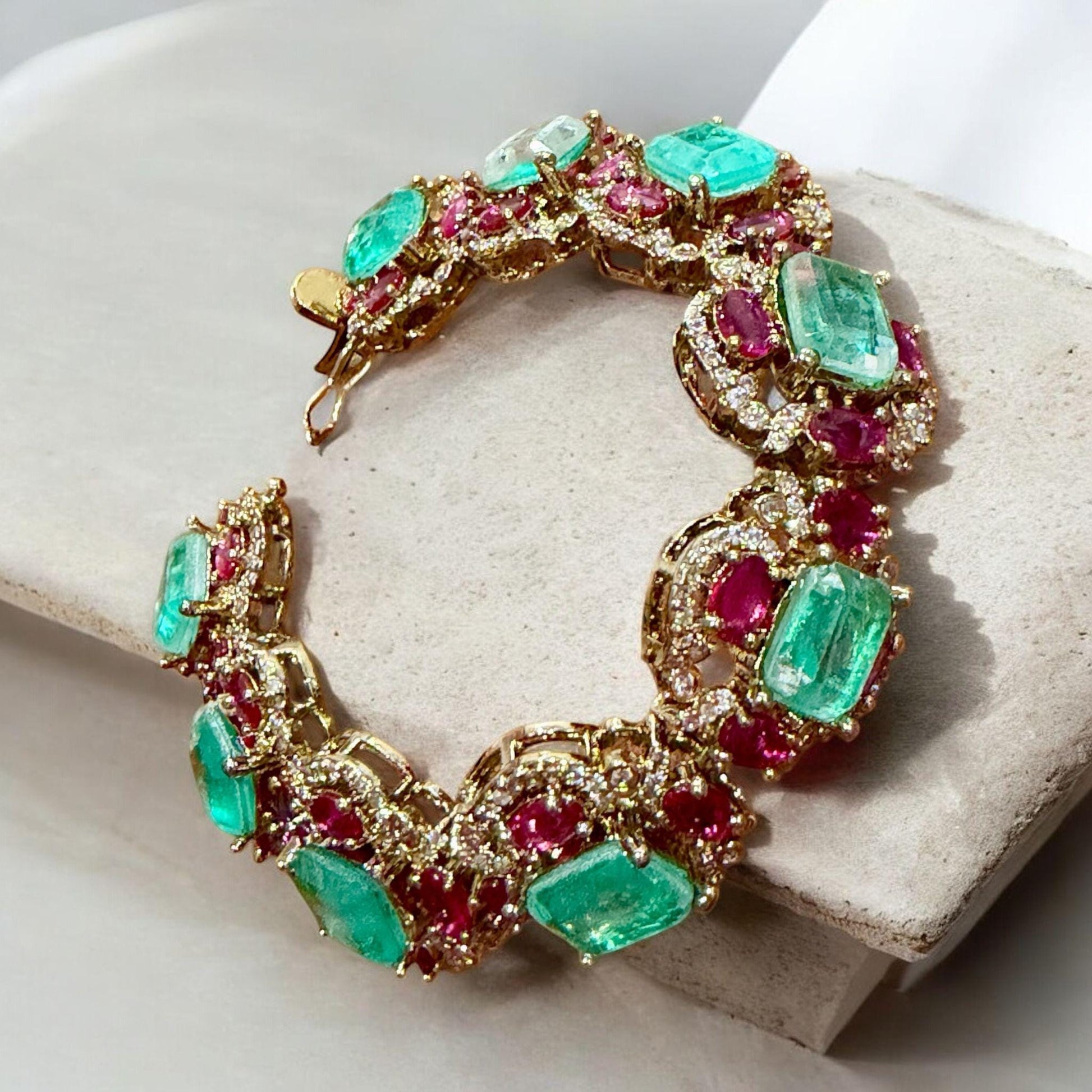 Mint green & Ruby Link Bracelet | Vintage-Inspired Statement Bracelet | Bridal Heirloom Style Jewelry