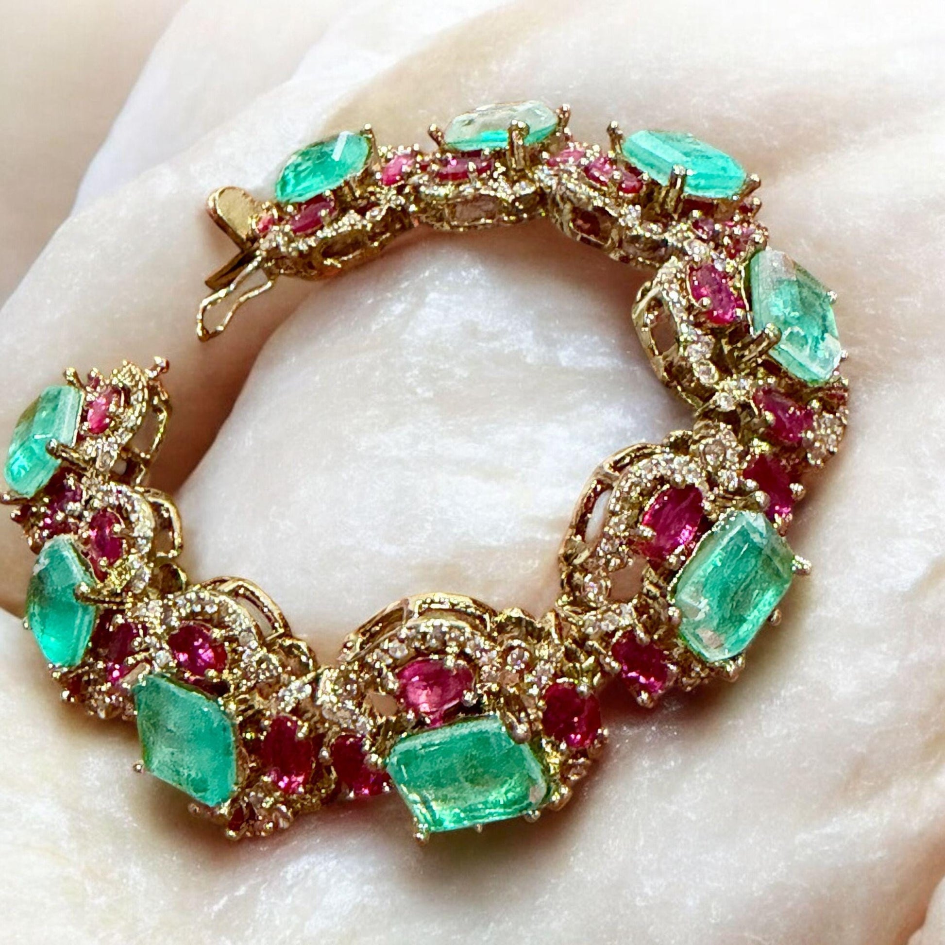 Mint green & Ruby Link Bracelet | Vintage-Inspired Statement Bracelet | Bridal Heirloom Style Jewelry