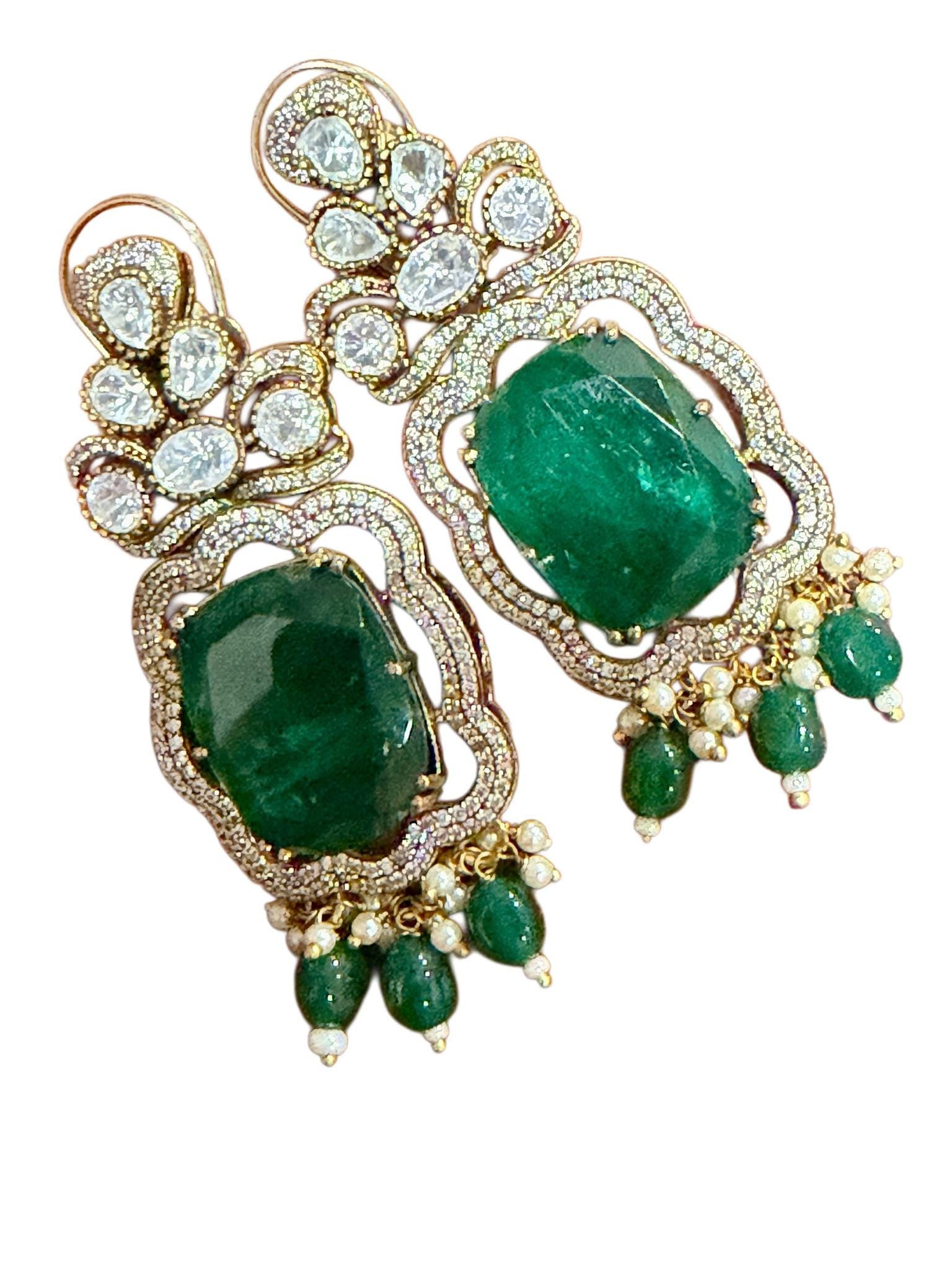 Emerald Green monzonite Choker Set | Bridal Necklace & Earrings | Traditional Wedding Jewelry