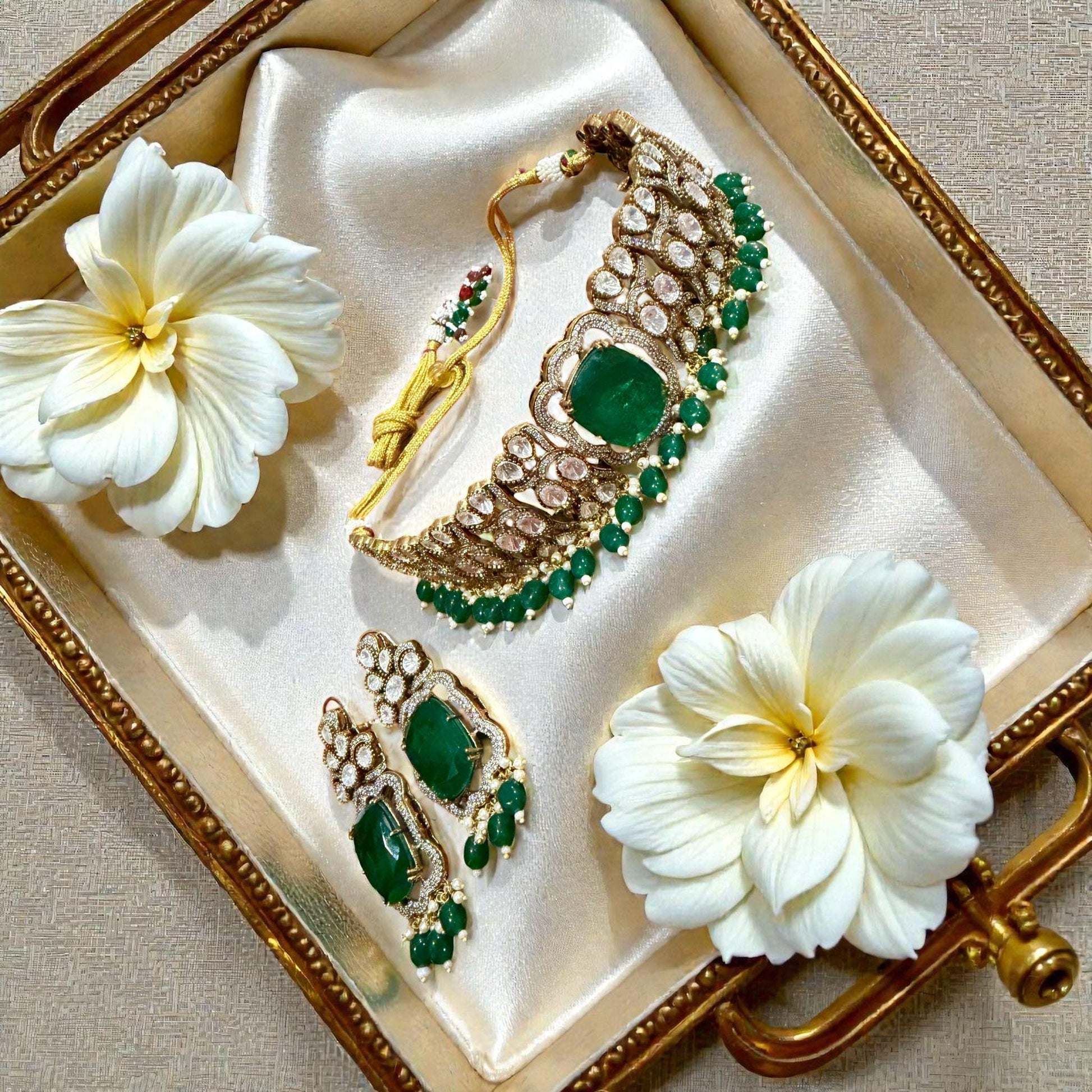 Emerald Green monzonite Choker Set | Bridal Necklace & Earrings | Traditional Wedding Jewelry