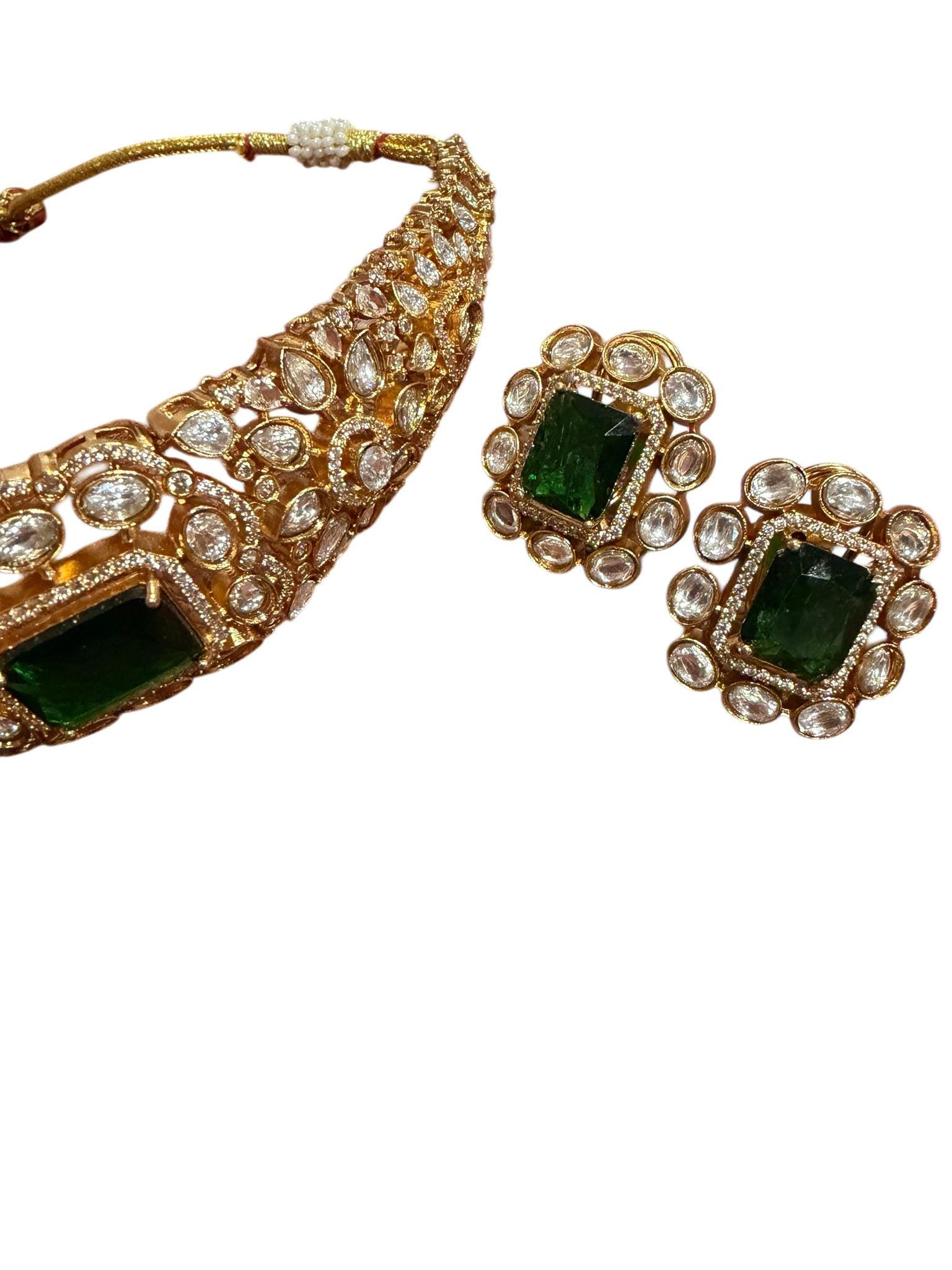 Regal Green monzonite Choker Set with Matching Stud Earrings | Vintage Bridal Statement Jewelry