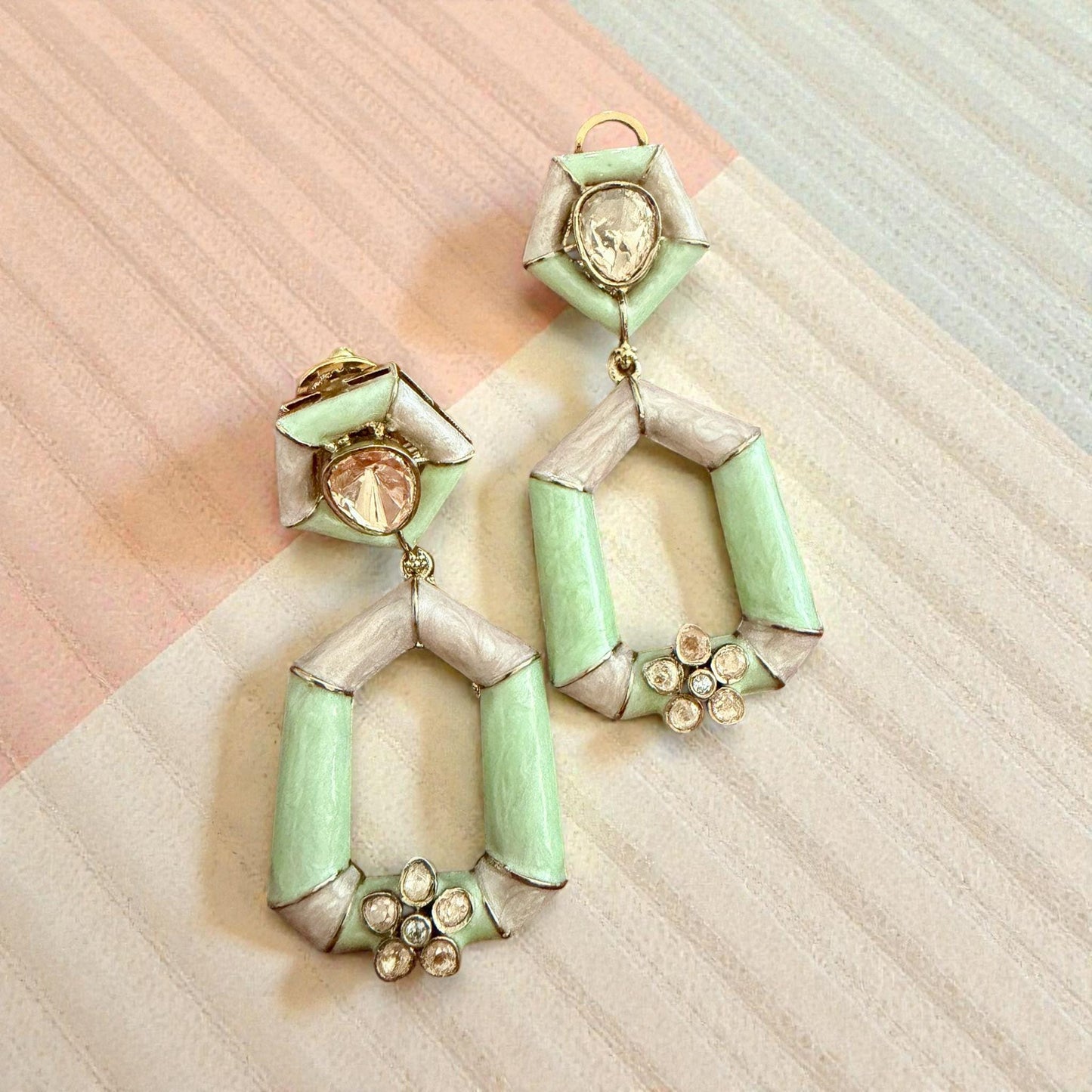 Mint Green Geometric Statement Earrings | Gold Tone Bridal Jewelry