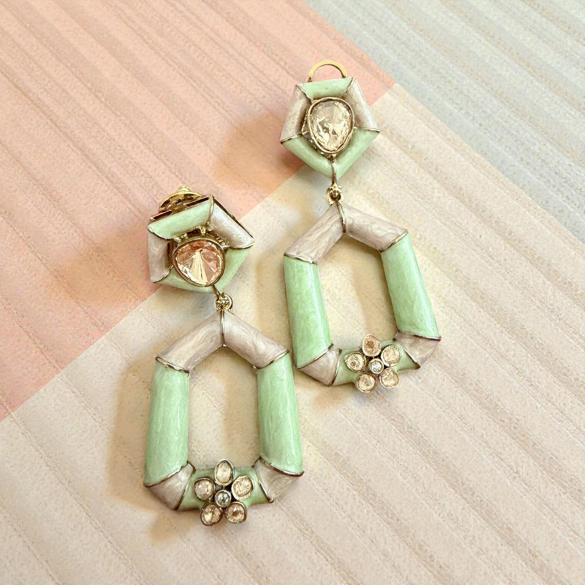 Mint Green Geometric Statement Earrings | Gold Tone Bridal Jewelry
