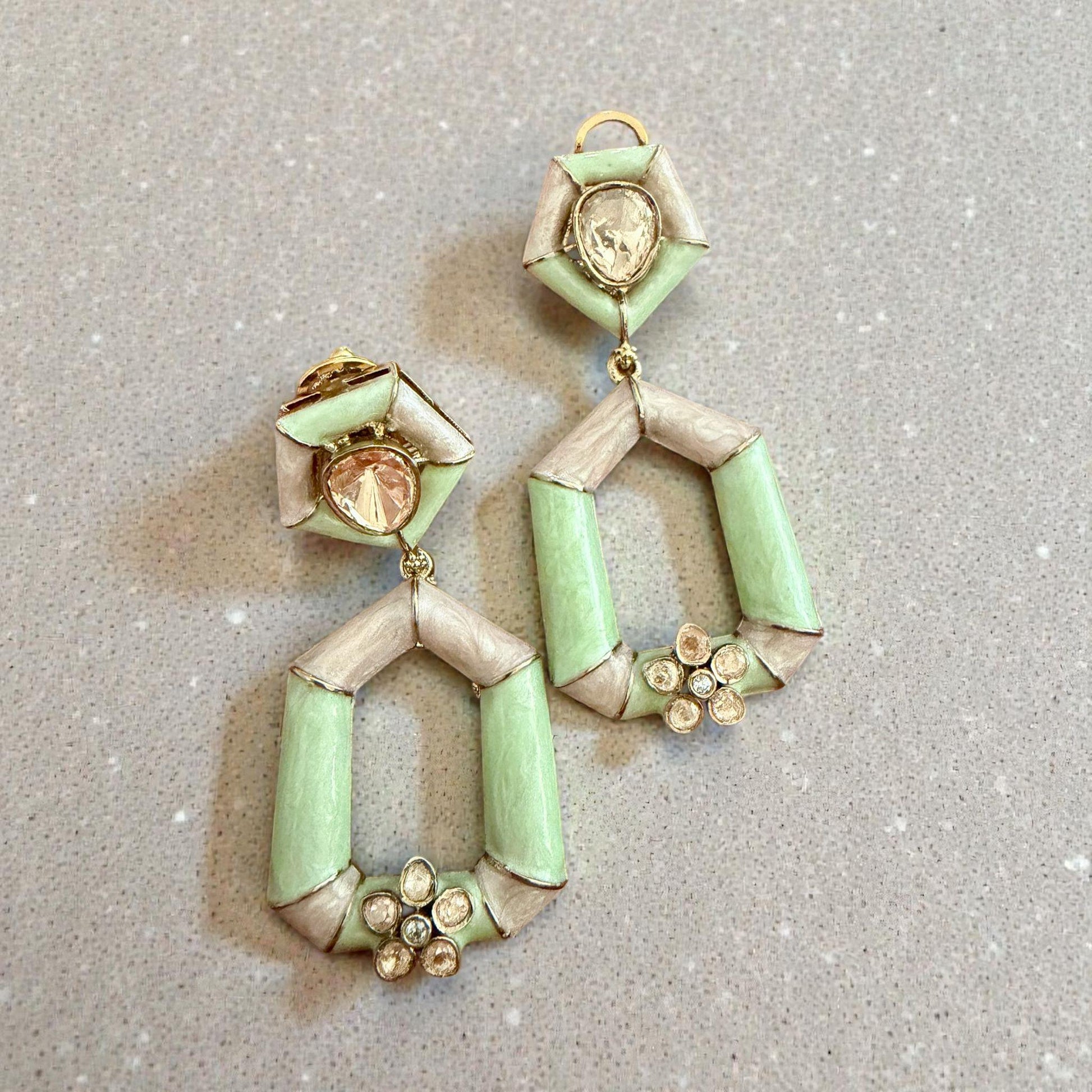 Mint Green Geometric Statement Earrings | Gold Tone Bridal Jewelry