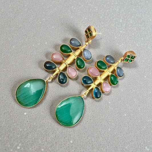 Teardrop Green Stone Dangle Earrings | Gold Tone Bridal Jewelry