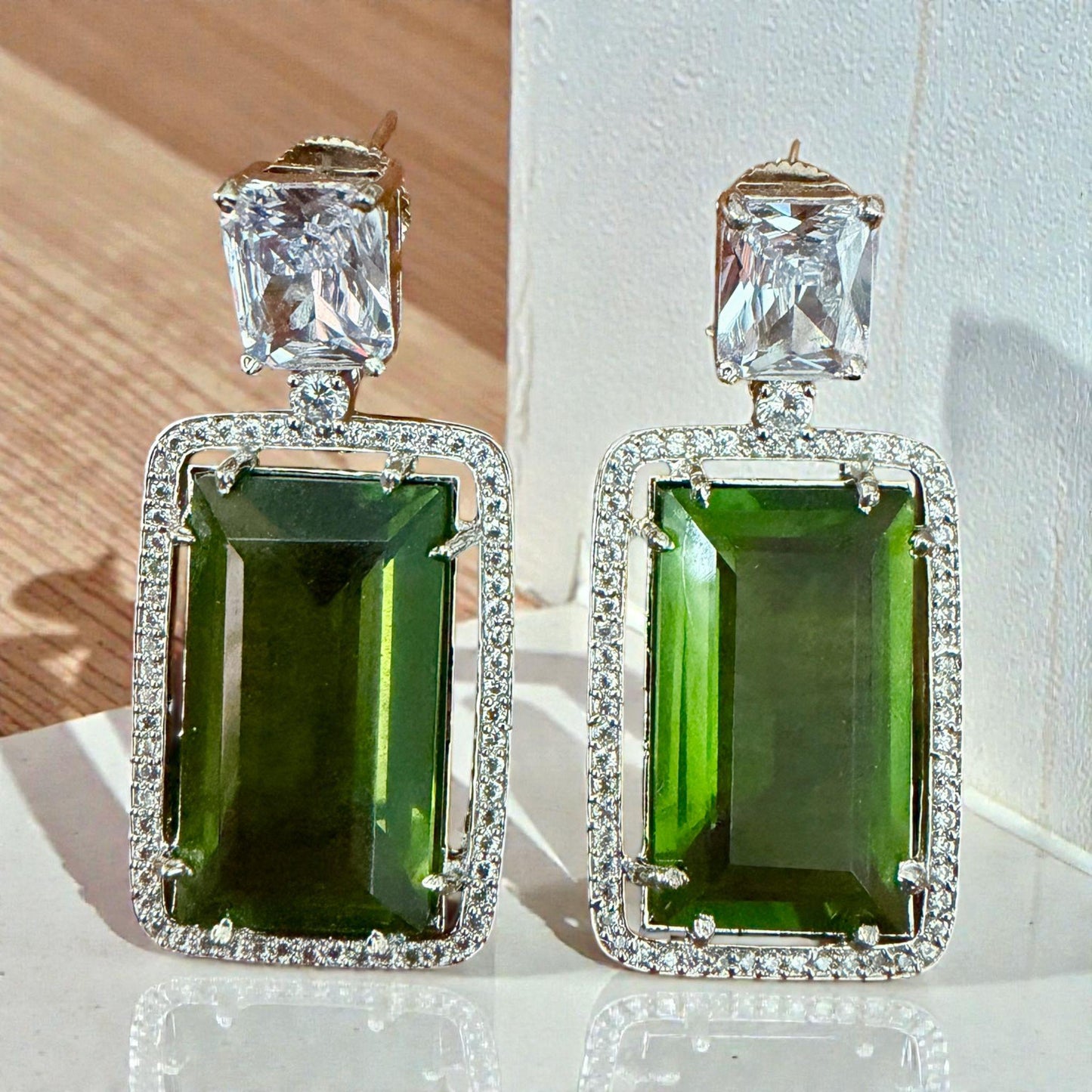 Emerald Green Rectangle Drop Earrings, Bridal Statement Jewelry