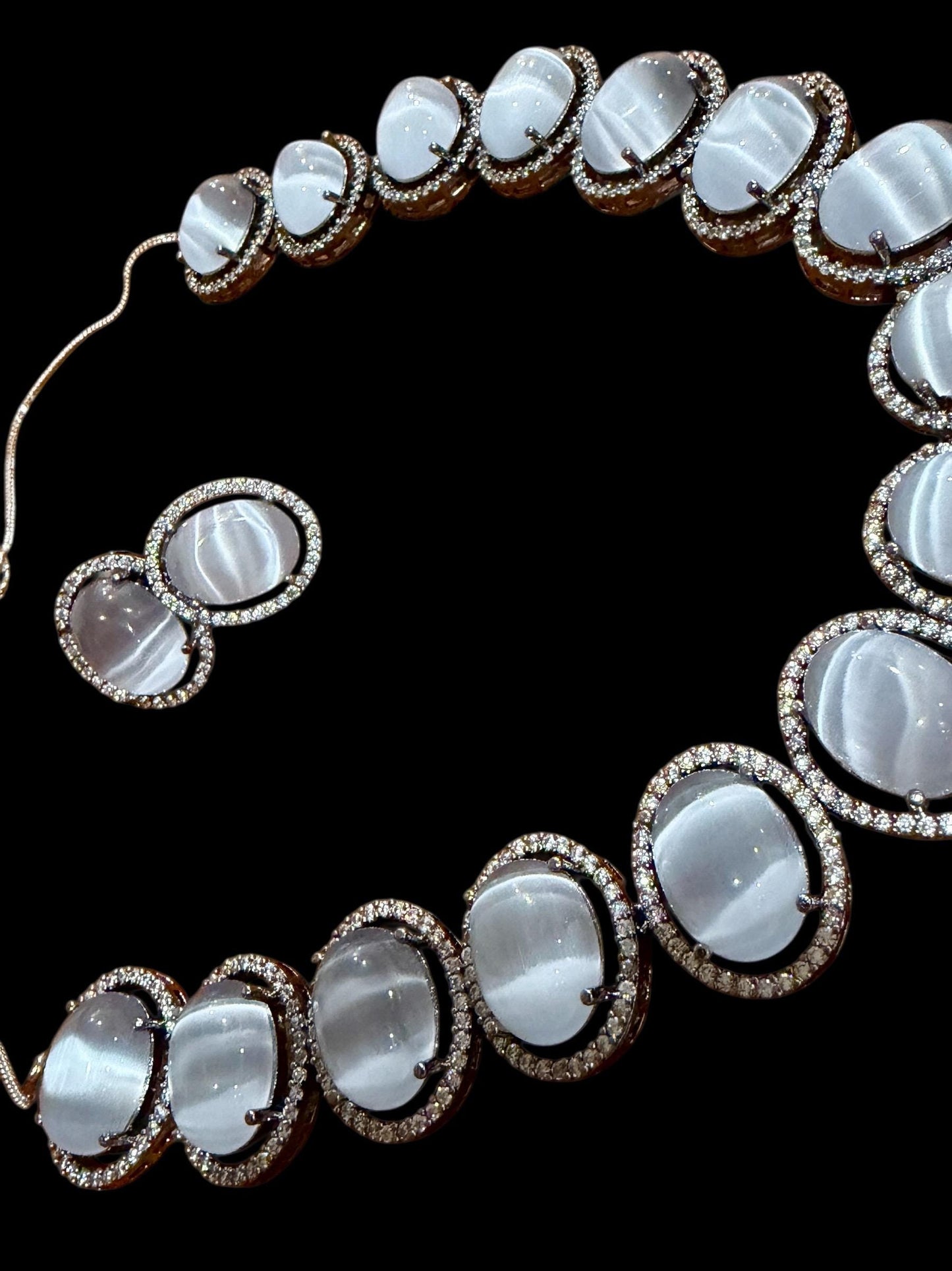Bollywood Indian AD Jewelry Set, Peach Grey Stone, Rhodium Finish