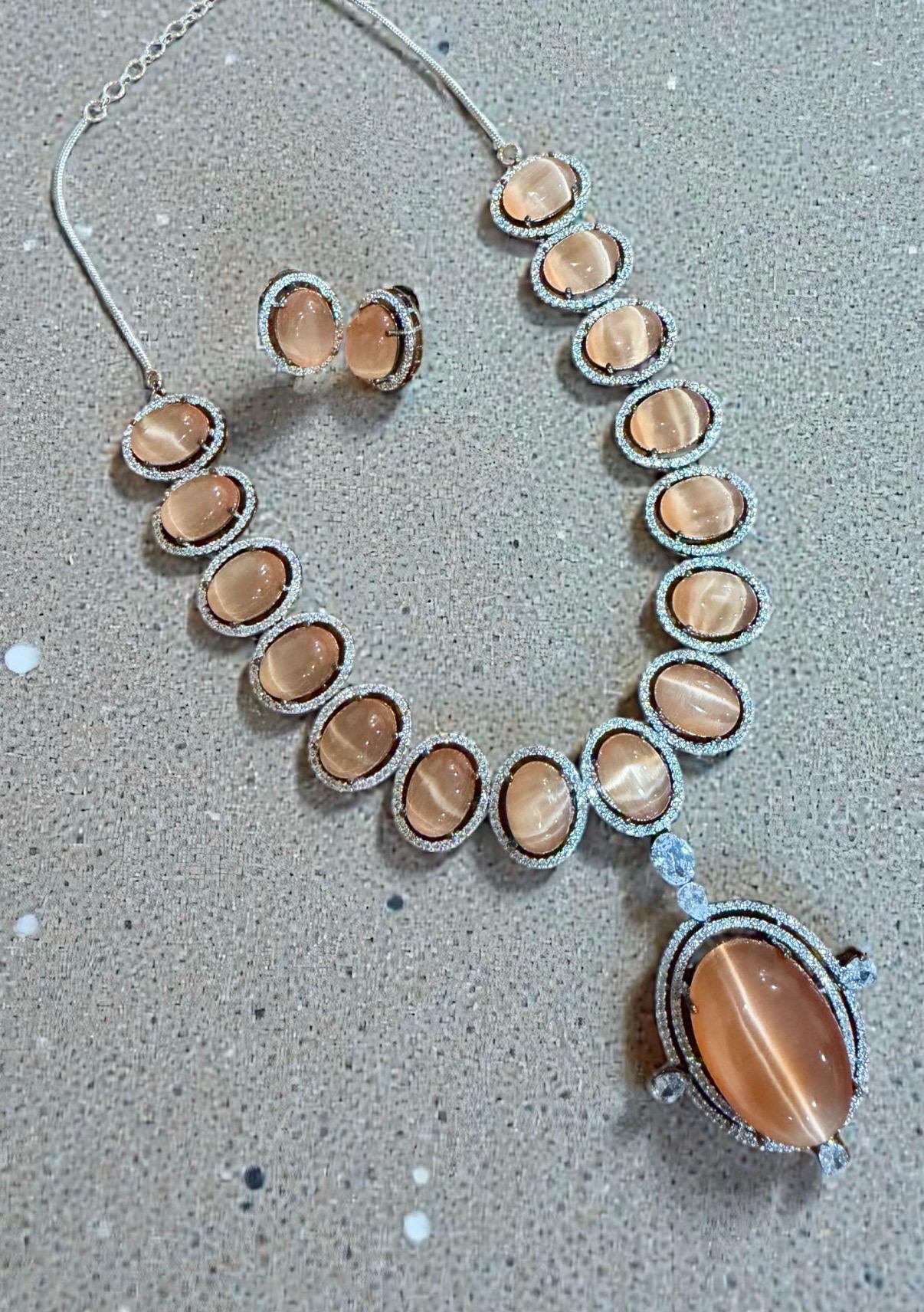 Bollywood Indian AD Jewelry Set, Peach Grey Stone, Rhodium Finish