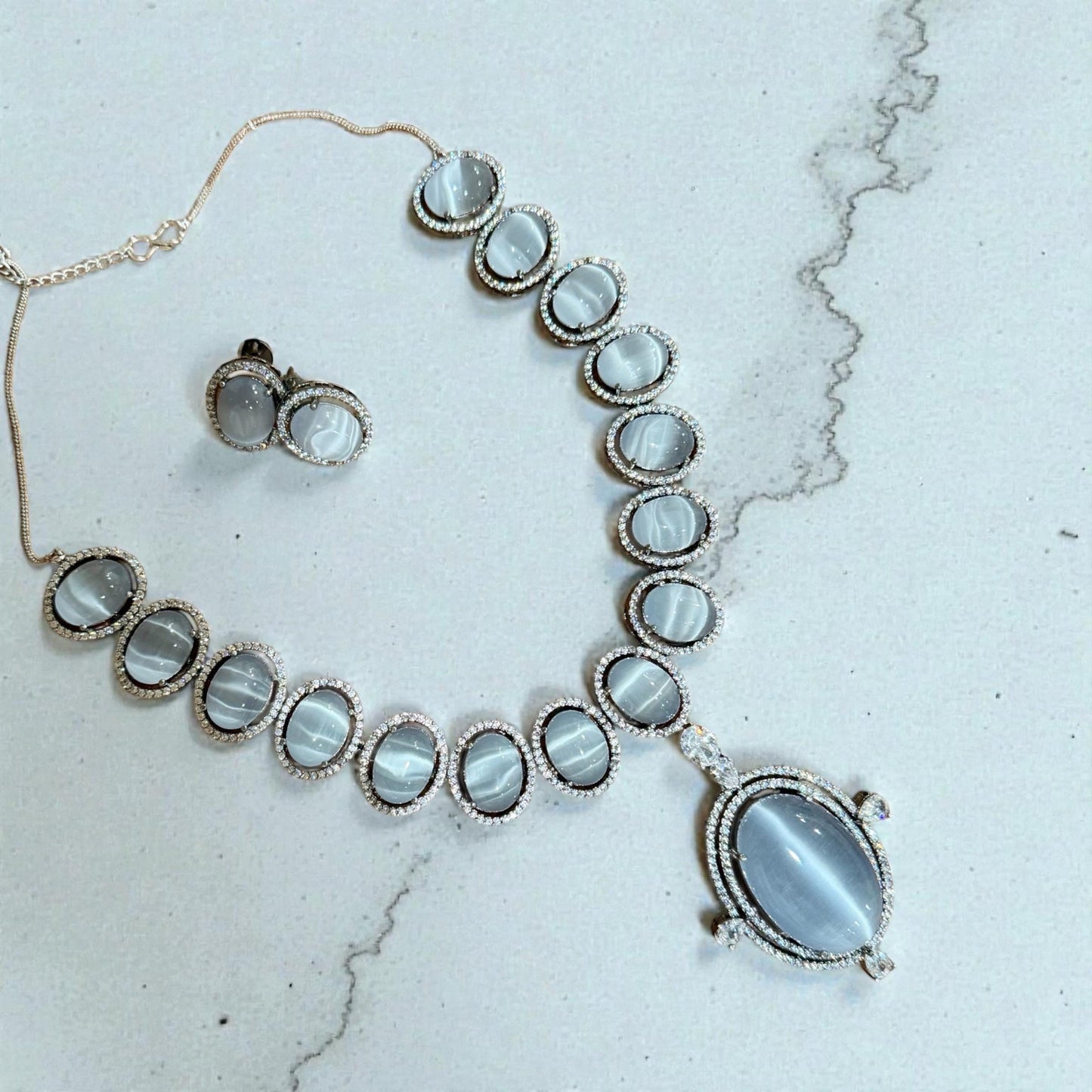 Bollywood Indian AD Jewelry Set, Peach Grey Stone, Rhodium Finish