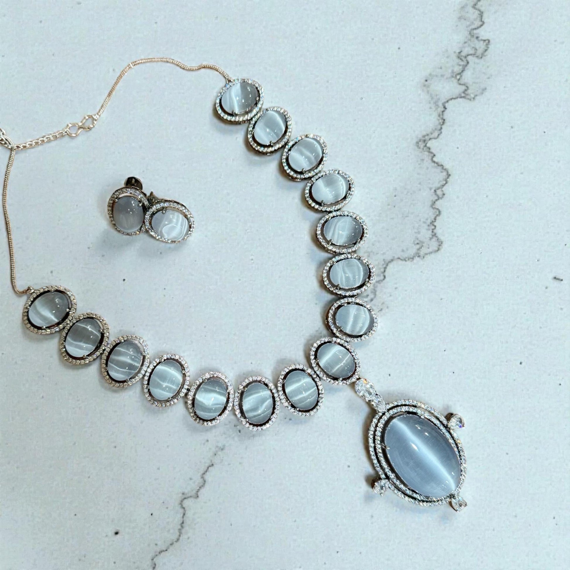 Bollywood Indian AD Jewelry Set, Peach Grey Stone, Rhodium Finish