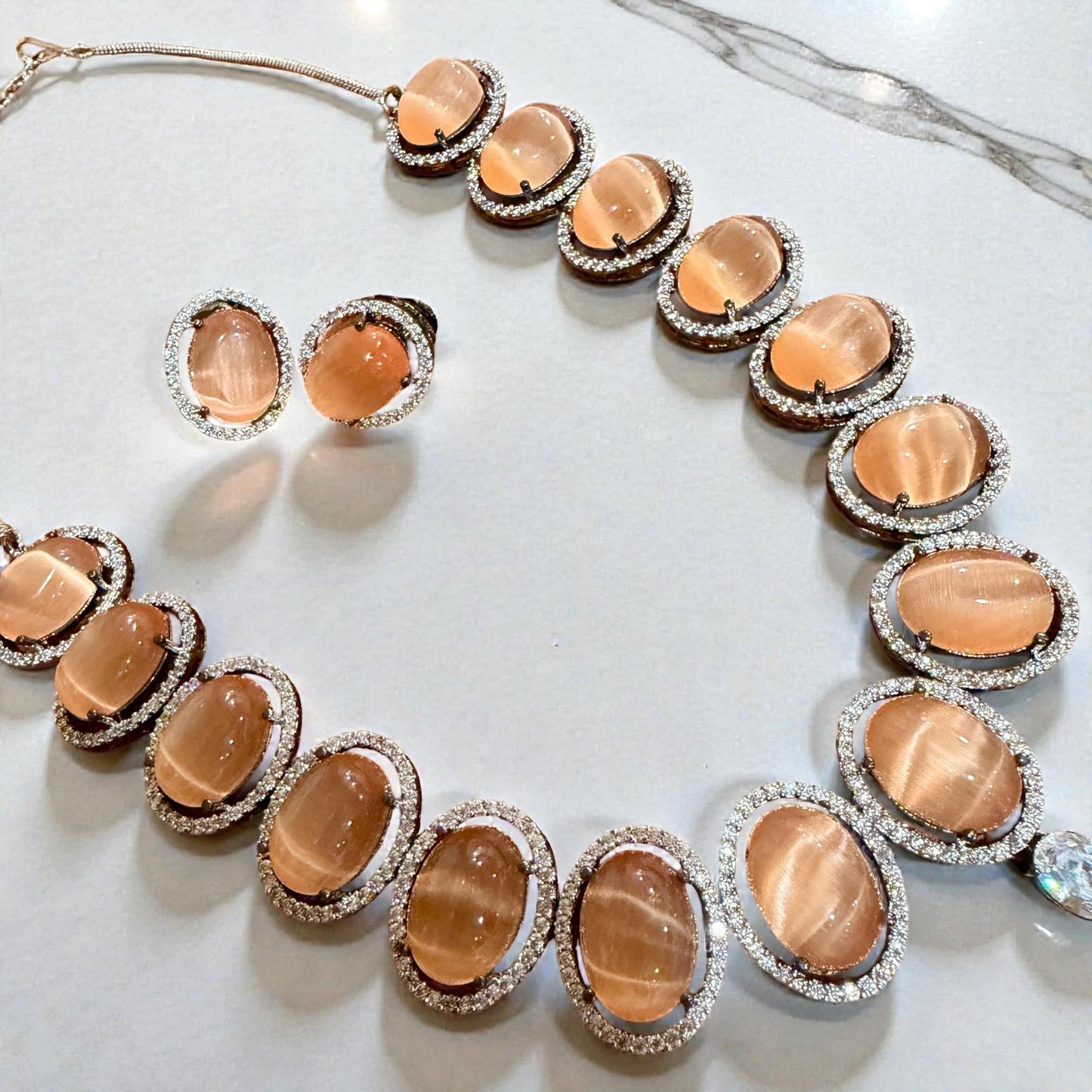 Bollywood Indian AD Jewelry Set, Peach Grey Stone, Rhodium Finish