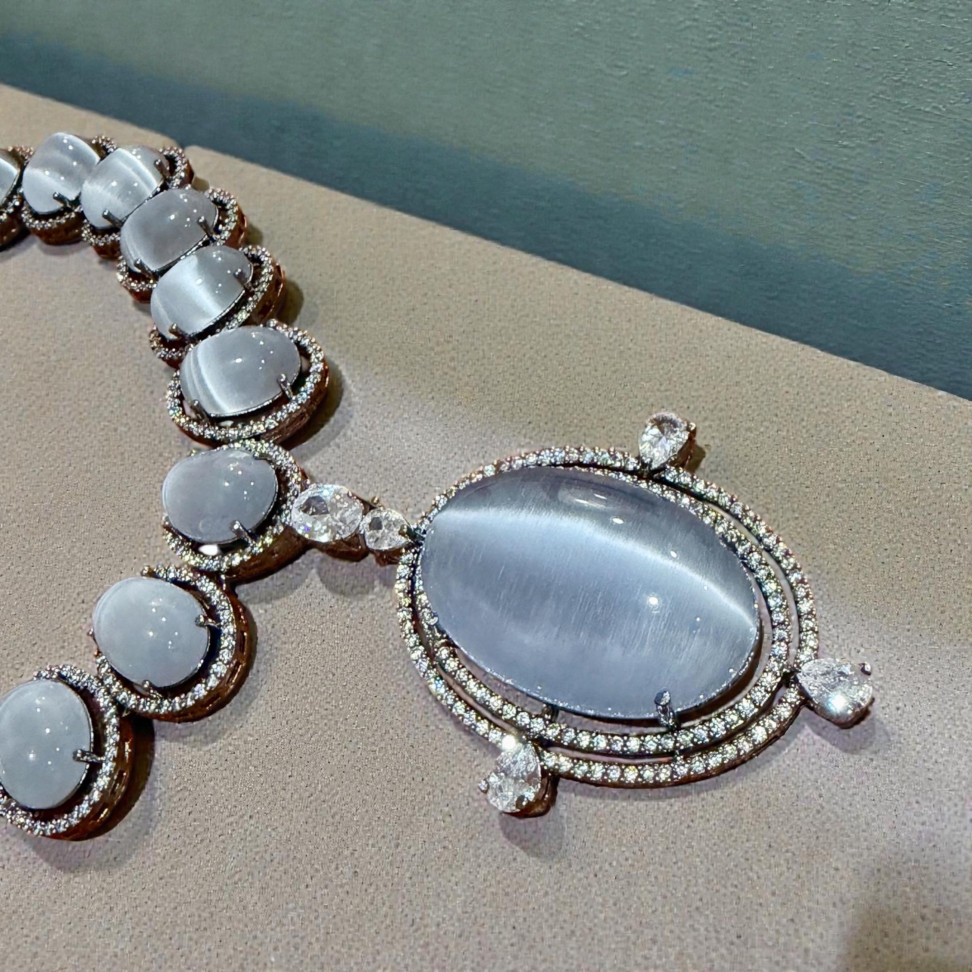 Bollywood Indian AD Jewelry Set, Peach Grey Stone, Rhodium Finish