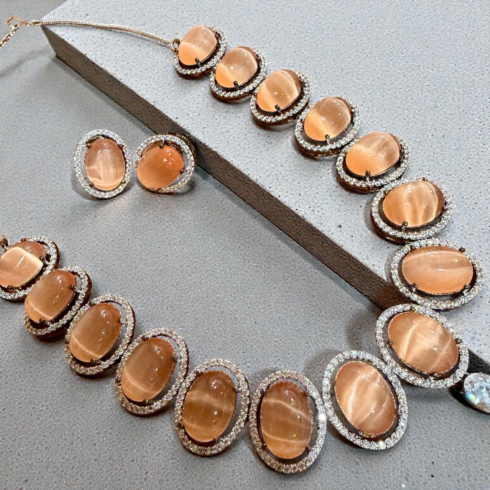 Bollywood Indian AD Jewelry Set, Peach Grey Stone, Rhodium Finish