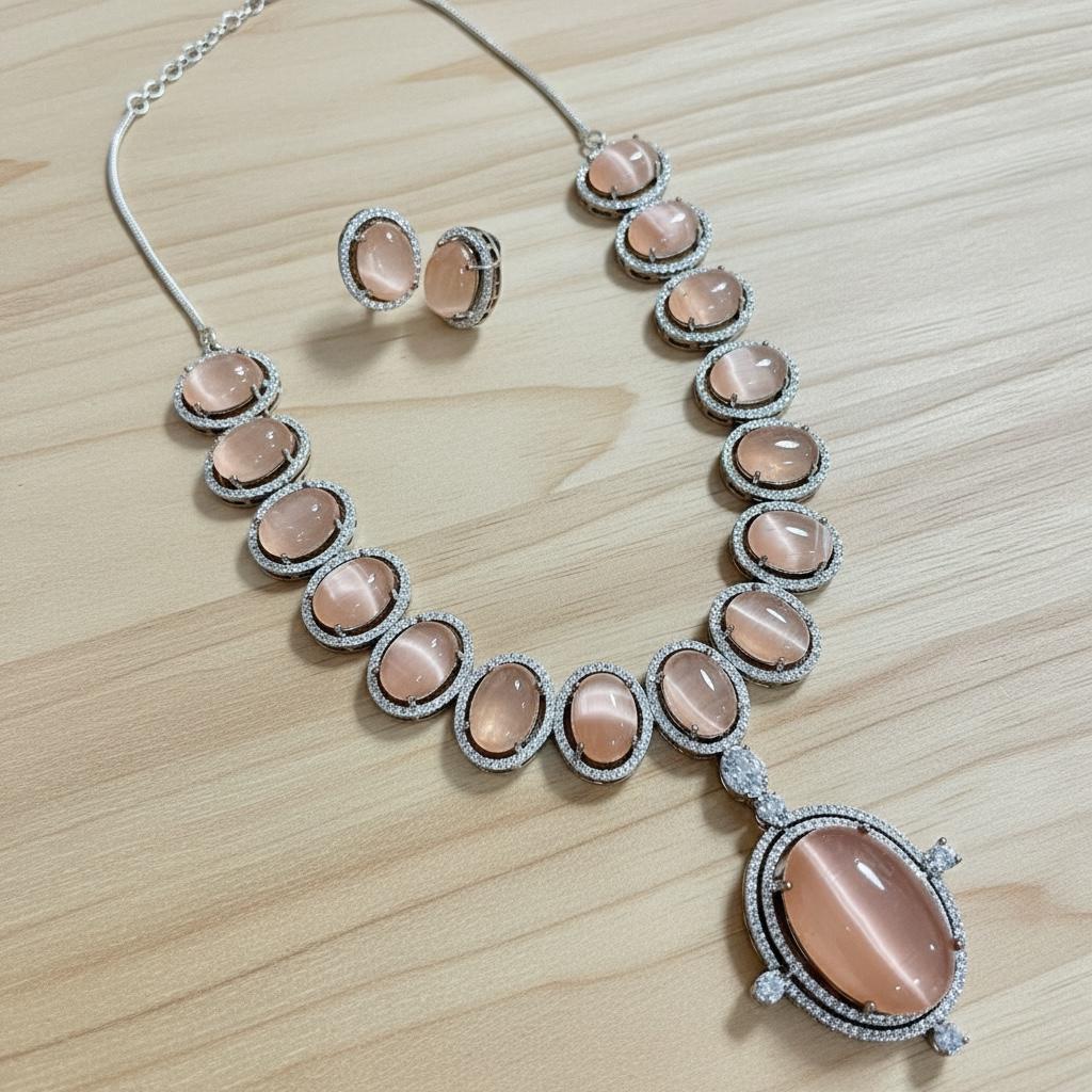 Bollywood Indian AD Jewelry Set, Peach Grey Stone, Rhodium Finish